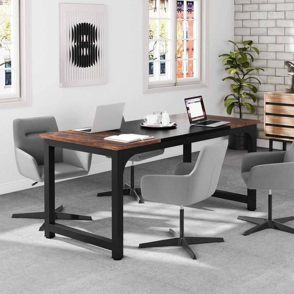 63” Executive Desk, Large Office Computer Desk with Thicken Frame, Modern Simple Workstation Business Furniture for Home Office, Rustic Brown/Black