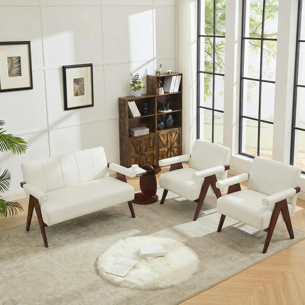 White Mid Century Modern Accent Chair, Solid Wood Frame White Linen Armchairs, Modern Reading & Living Room Chairs for Office Guest & Waiting Room