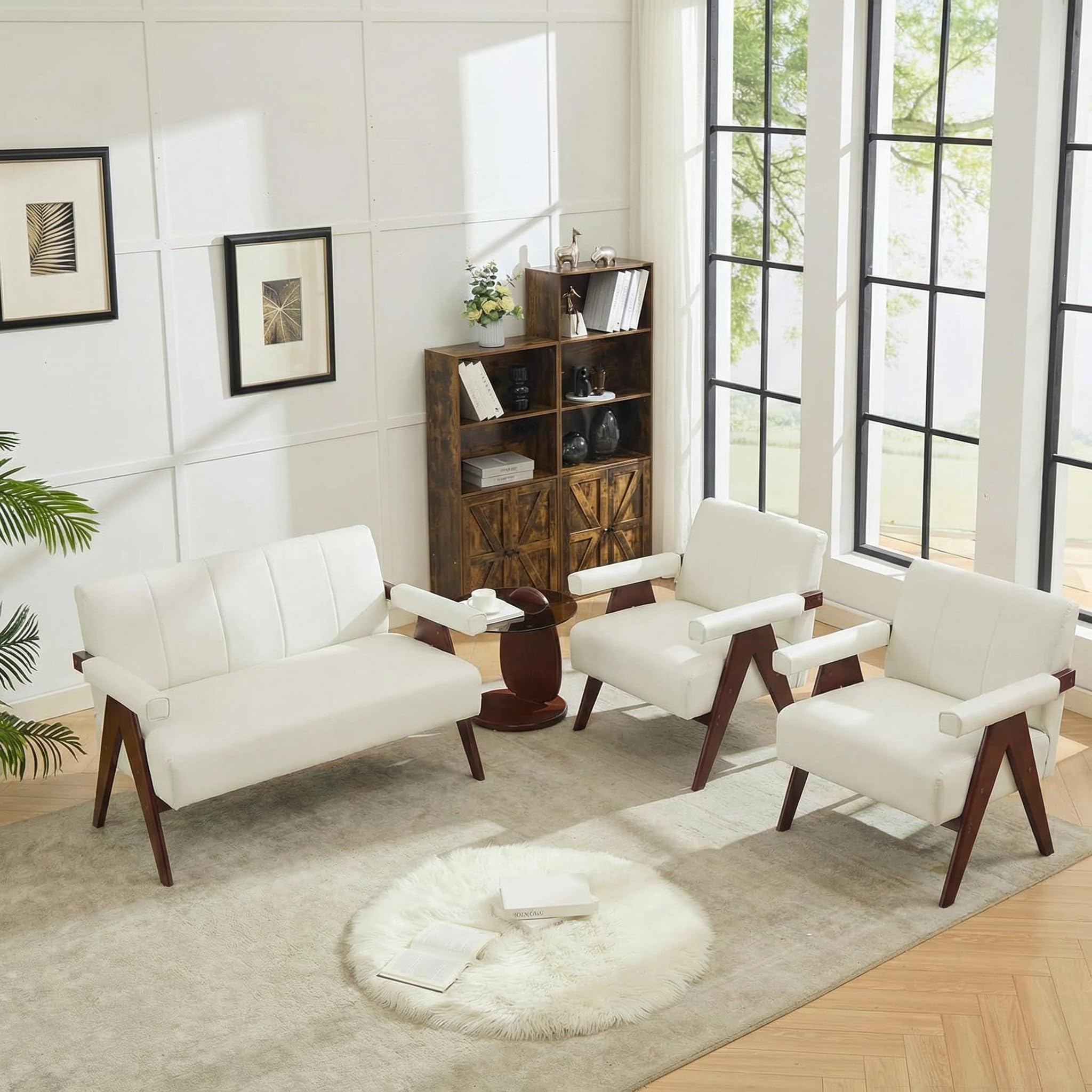 White Mid Century Modern Accent Chair, Solid Wood Frame White Linen Armchairs, Modern Reading & Living Room Chairs for Office Guest & Waiting Room
