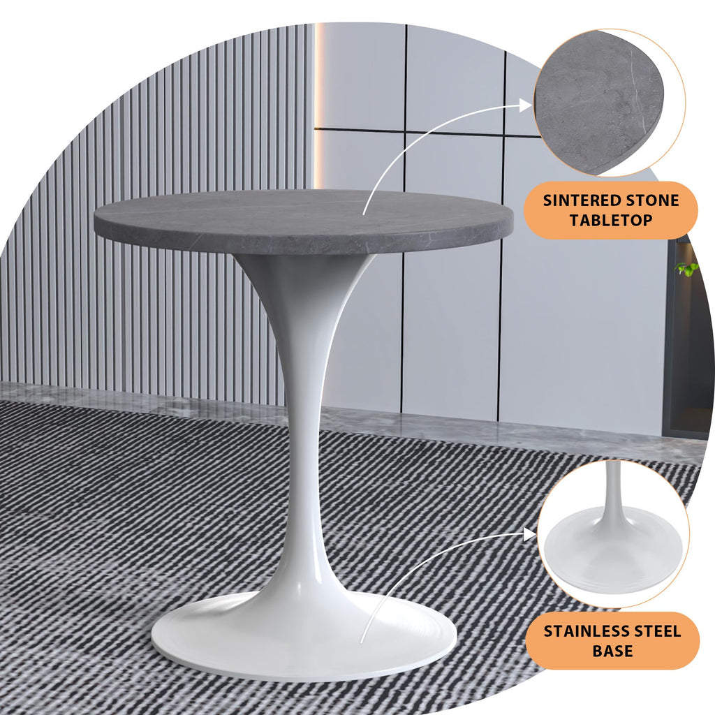 LeisureMod Verve Mid-Century Modern Dining Table with a 27" Round Sintered Stone Tabletop and White Stainless Steel Pedestal Base for Kitchen and Dining Room (Grey)