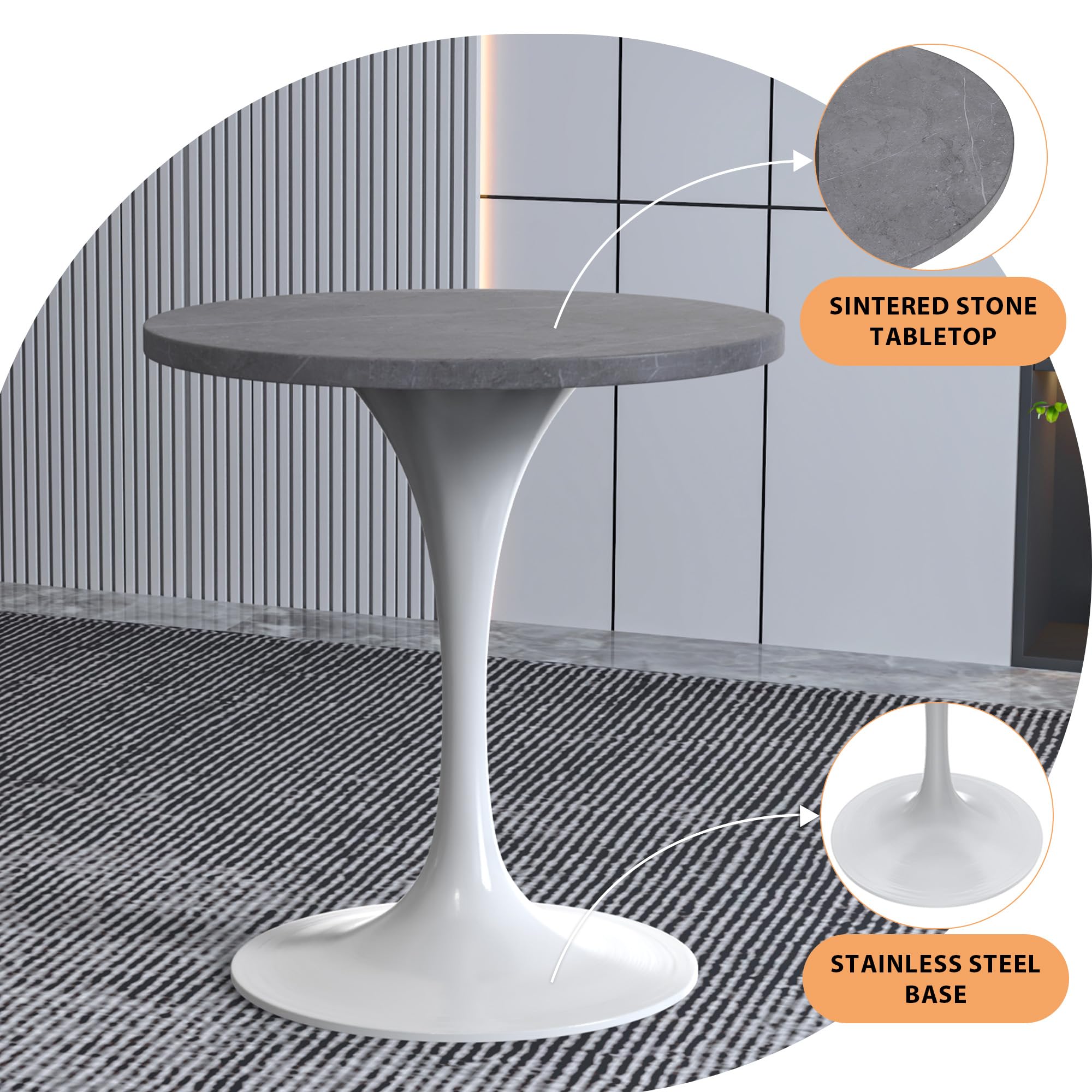 LeisureMod Verve Mid-Century Modern Dining Table with a 27" Round Sintered Stone Tabletop and White Stainless Steel Pedestal Base for Kitchen and Dining Room (Grey)