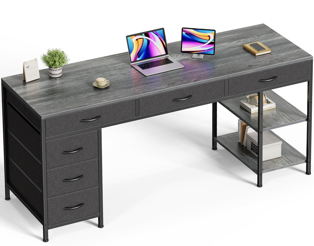 Computer Desk with 6 Drawers, Office Desk with Shelves, Reversible Gaming Desk, Corner Desk with Storage, Work for Home Office, Study, Living Room, 63inch, Grey