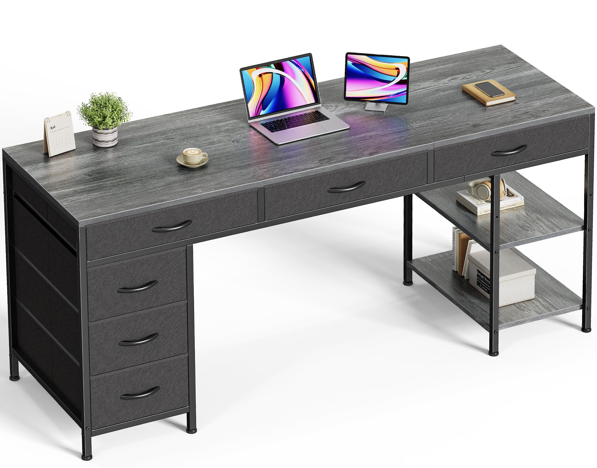 Computer Desk with 6 Drawers, Office Desk with Shelves, Reversible Gaming Desk, Corner Desk with Storage, Work for Home Office, Study, Living Room, 63inch, Grey