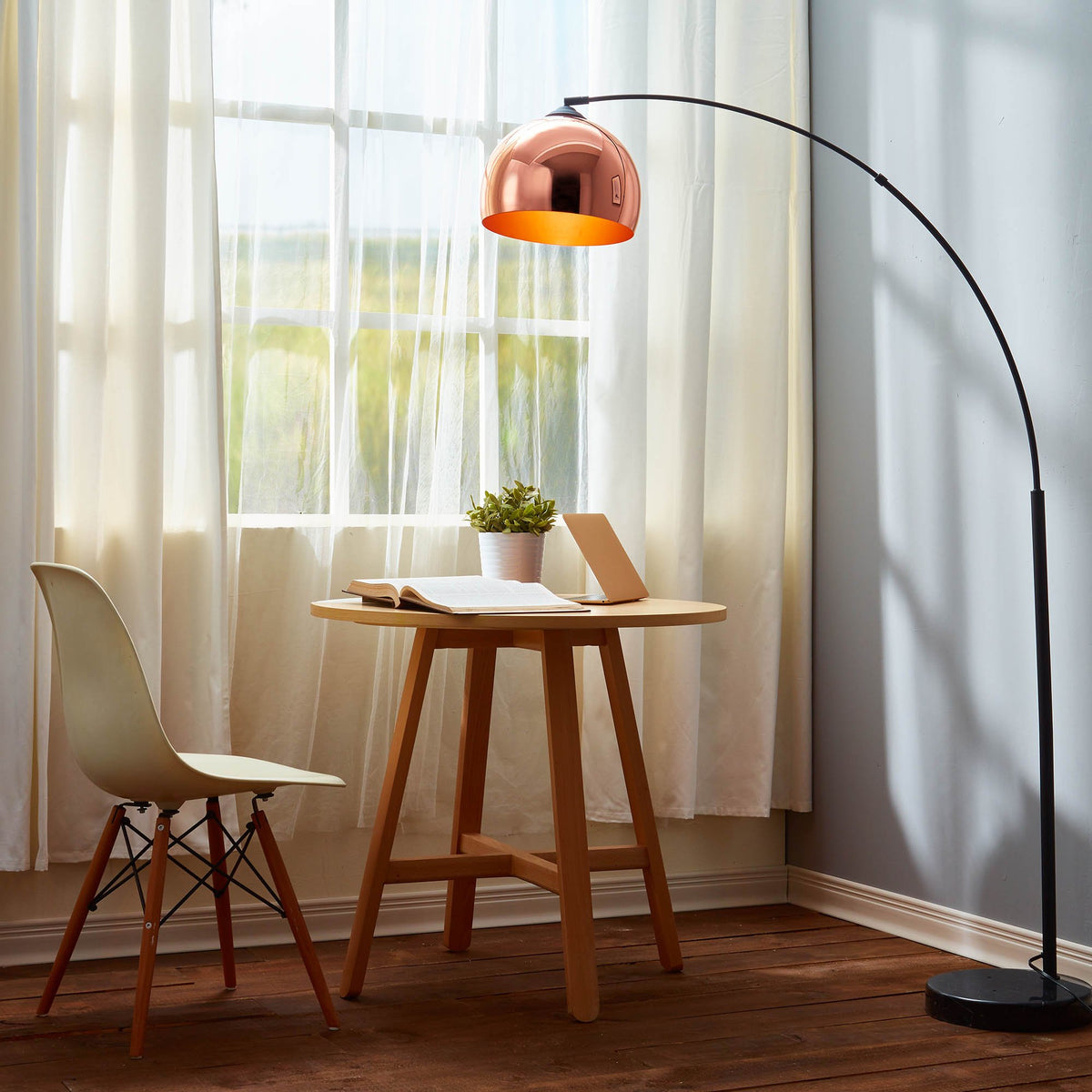 Arquer 66.93" Arc Floor Lamp for Living Rooms, Home Offices, Dining Rooms, Bedrooms with Faux Black Marble Base and Rose Gold Bell Shade