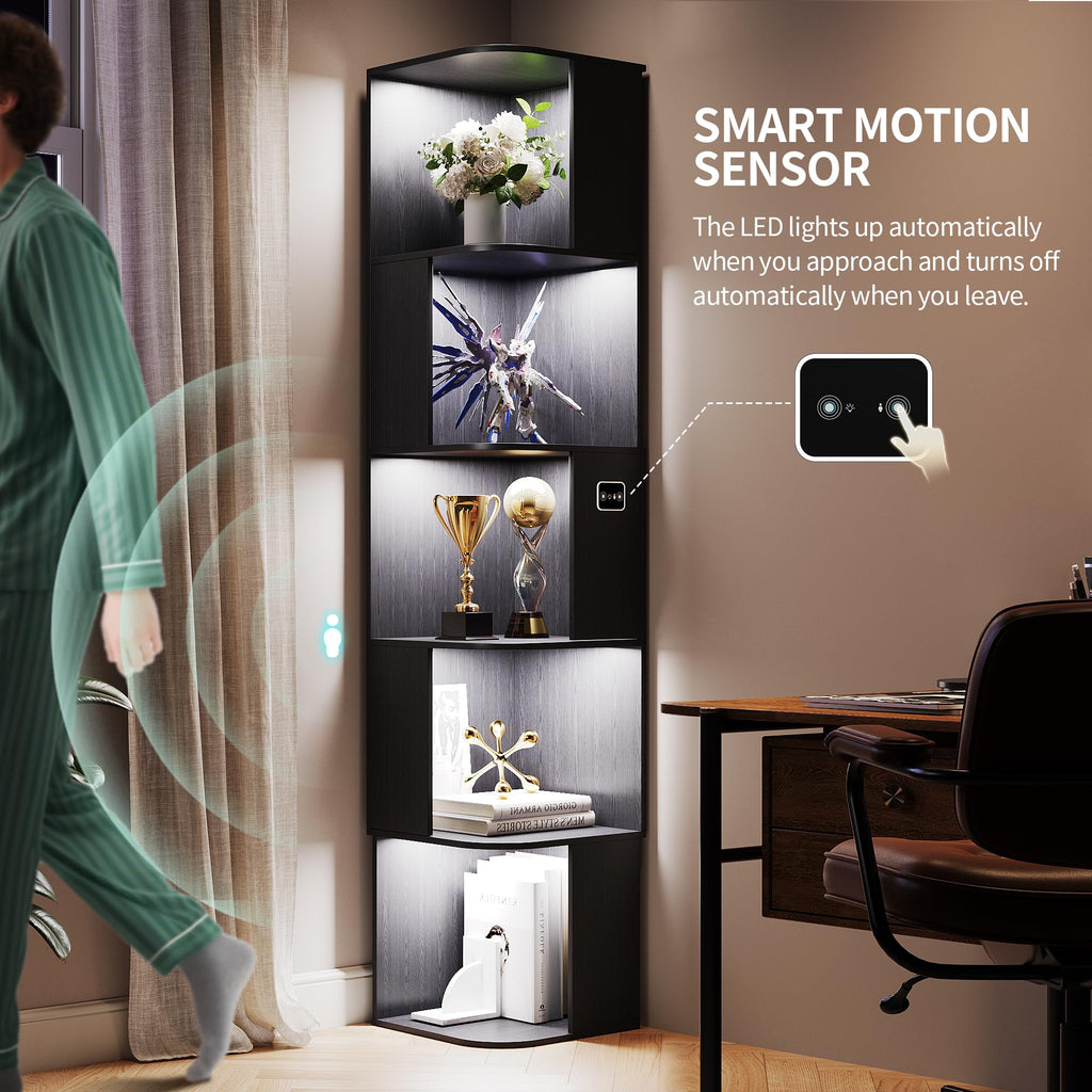 Modular LED Bookshelf with Motion Sensor and USB Charging - Natural Wood