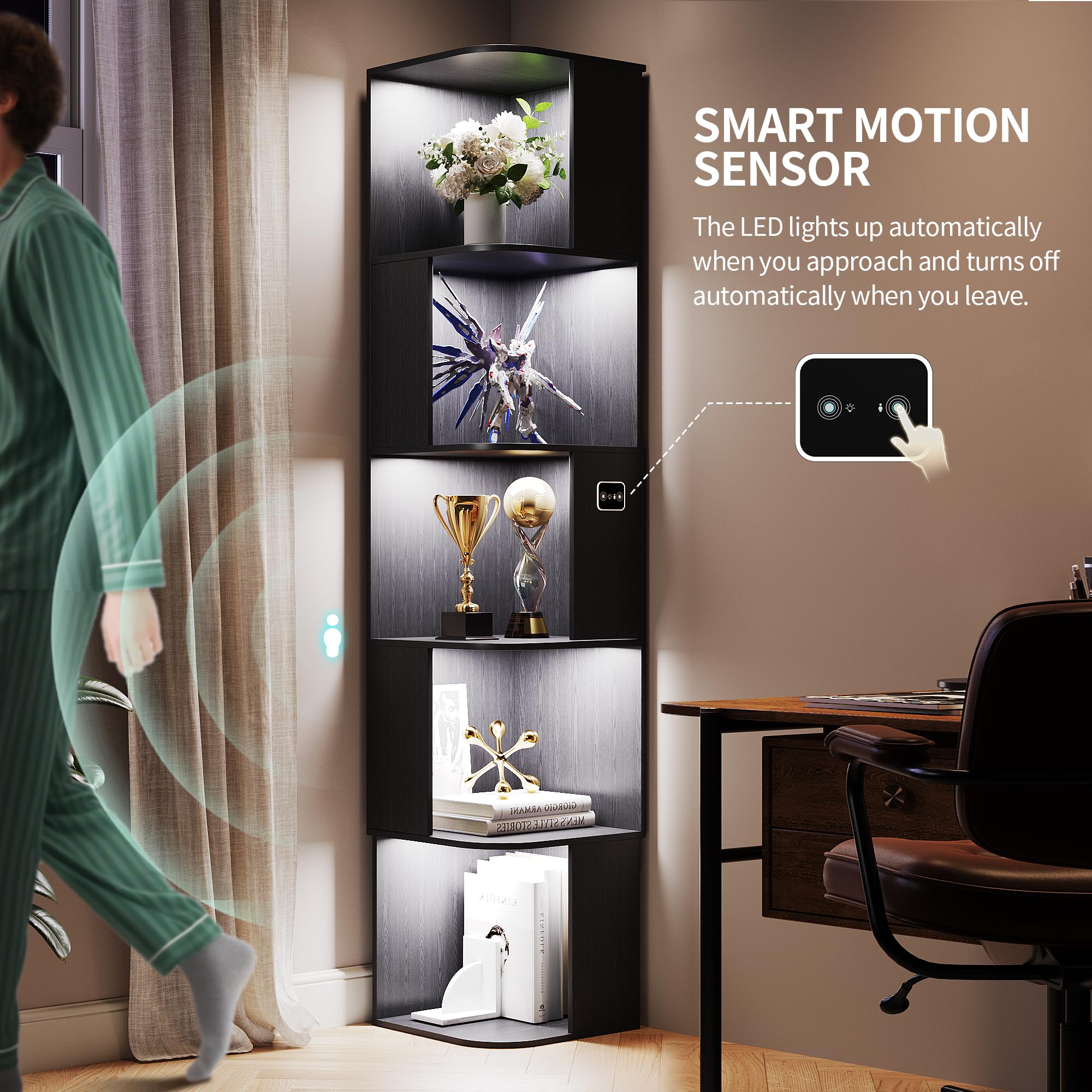 Modular LED Bookshelf with Motion Sensor and USB Charging - Natural Wood