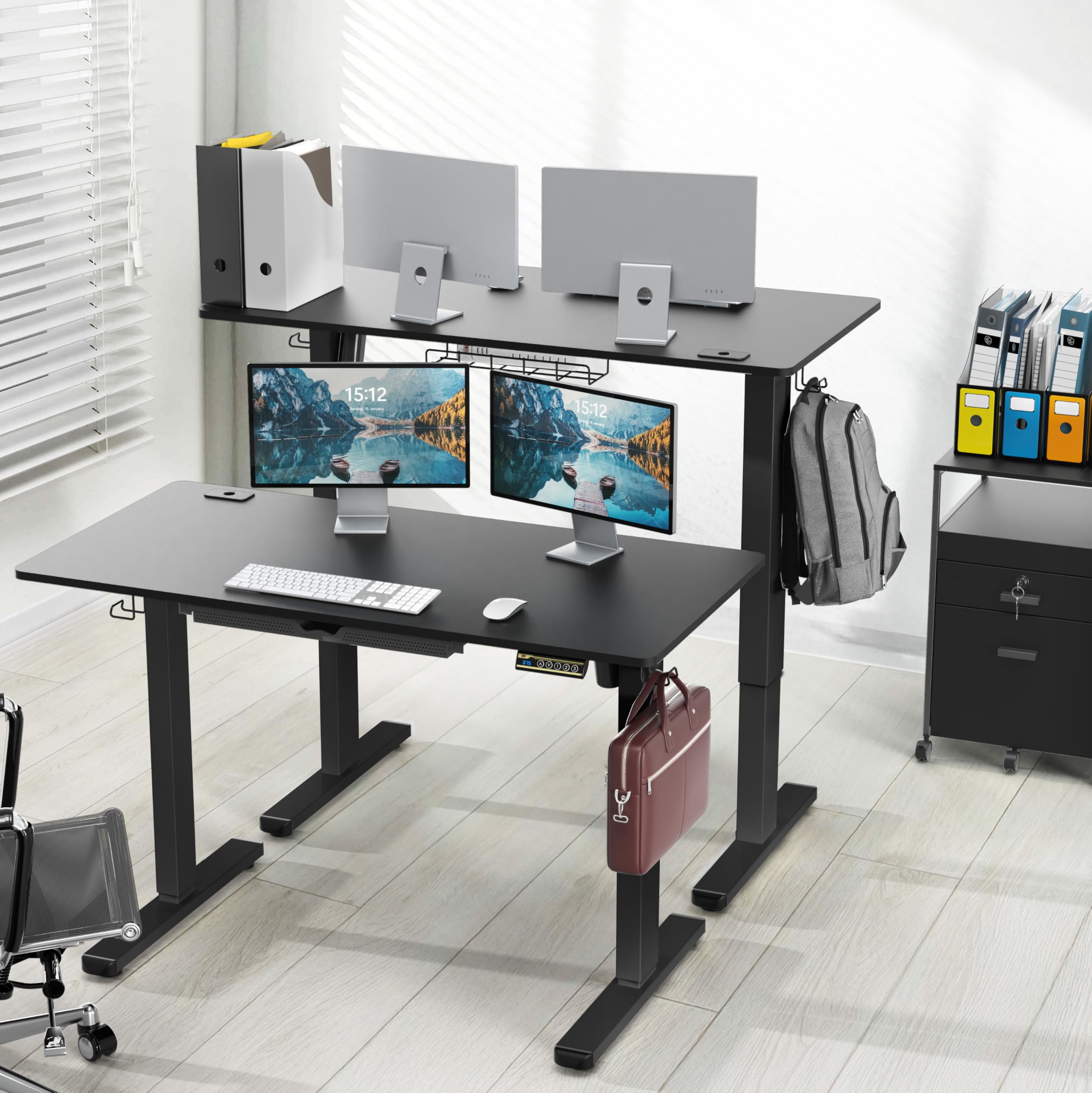48-Inch Electric Height Adjustable Standing Desk with Drawer, Memory Preset and Cable Management Tray, Black