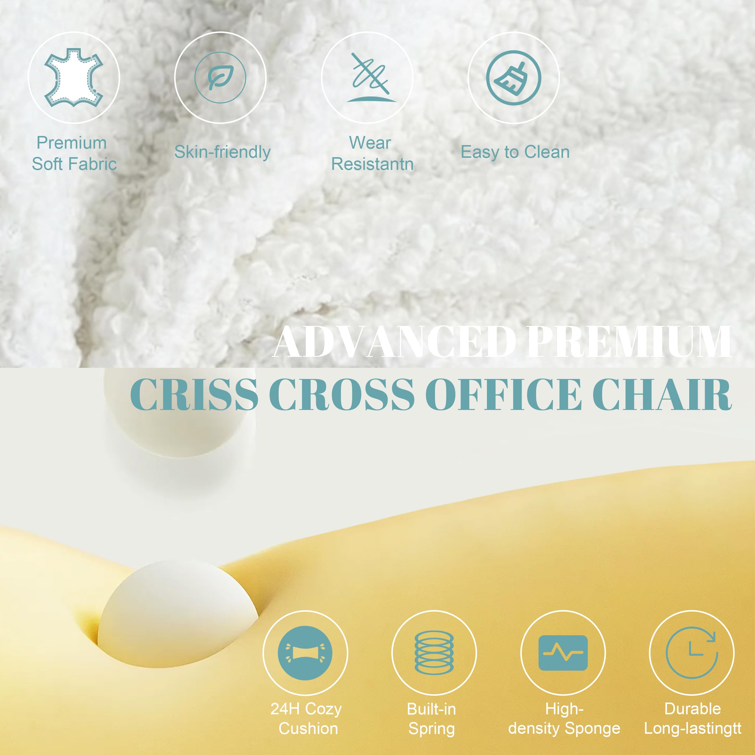 Flip Armrests Criss Cross Office Chair, Reclining Office Chair with Foot Rest, Adjustable Headrest, Massage Waist Pillow, Cross Legged Big and Tall Desk Chair Wide Seat Vanity Chair, Fabric White
