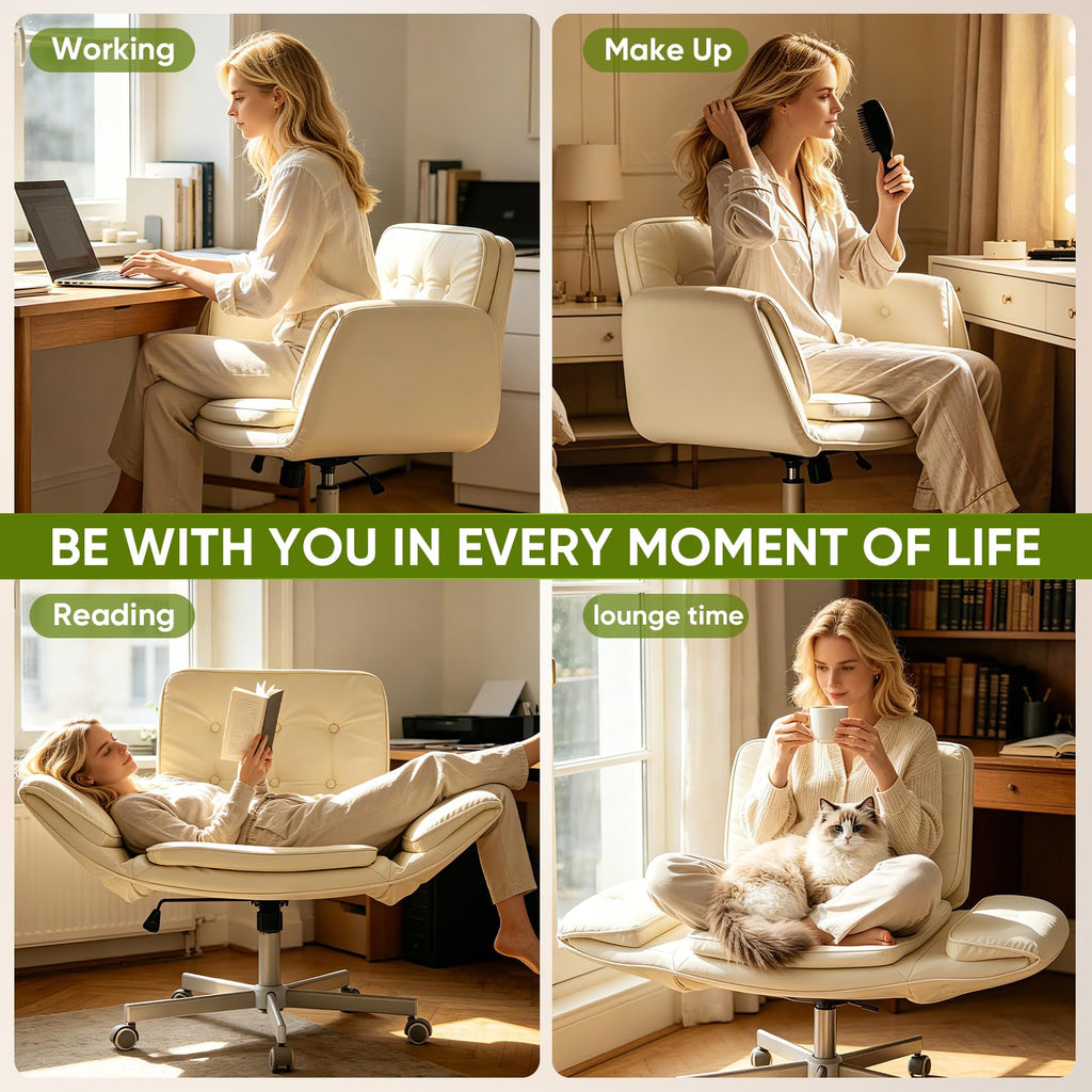 Criss Cross Chair with Wheels & Armrests, Scratch-Resistant PU Leather Vanity Chair, Comfy Wide Height Adjustable Computer Office Desk Chair for Home Office, Make Up, Bedroom (Cream)