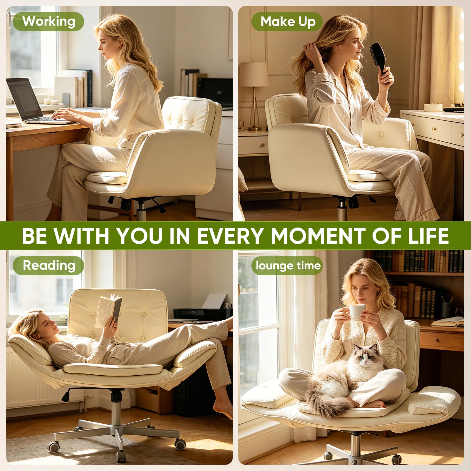 Criss Cross Chair with Wheels & Armrests, Scratch-Resistant PU Leather Vanity Chair, Comfy Wide Height Adjustable Computer Office Desk Chair for Home Office, Make Up, Bedroom (Cream)