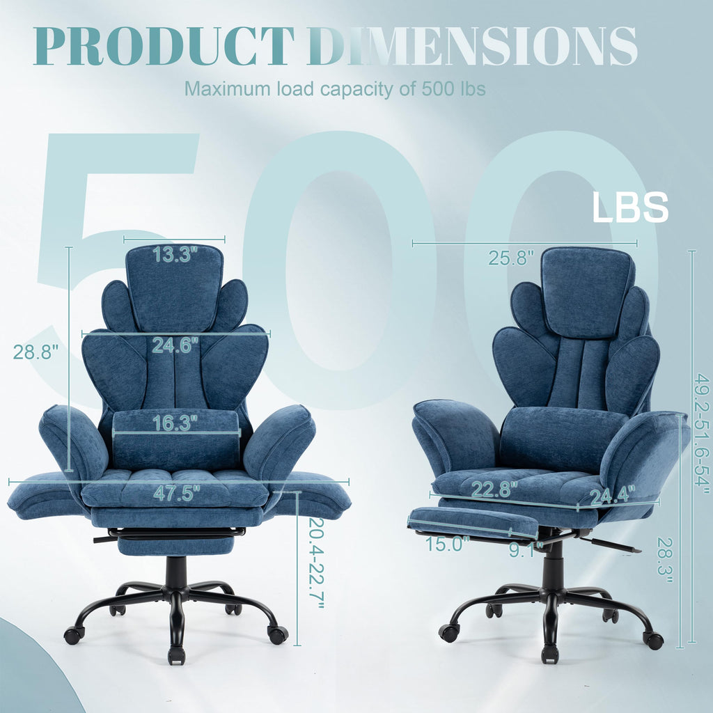 Flip Armrests Criss Cross Office Chair, Reclining Office Chair with Foot Rest, Adjustable Headrest, Massage Waist Pillow, Cross Legged Big and Tall Desk Chair Wide Seat Vanity Chair, Fabric Blue