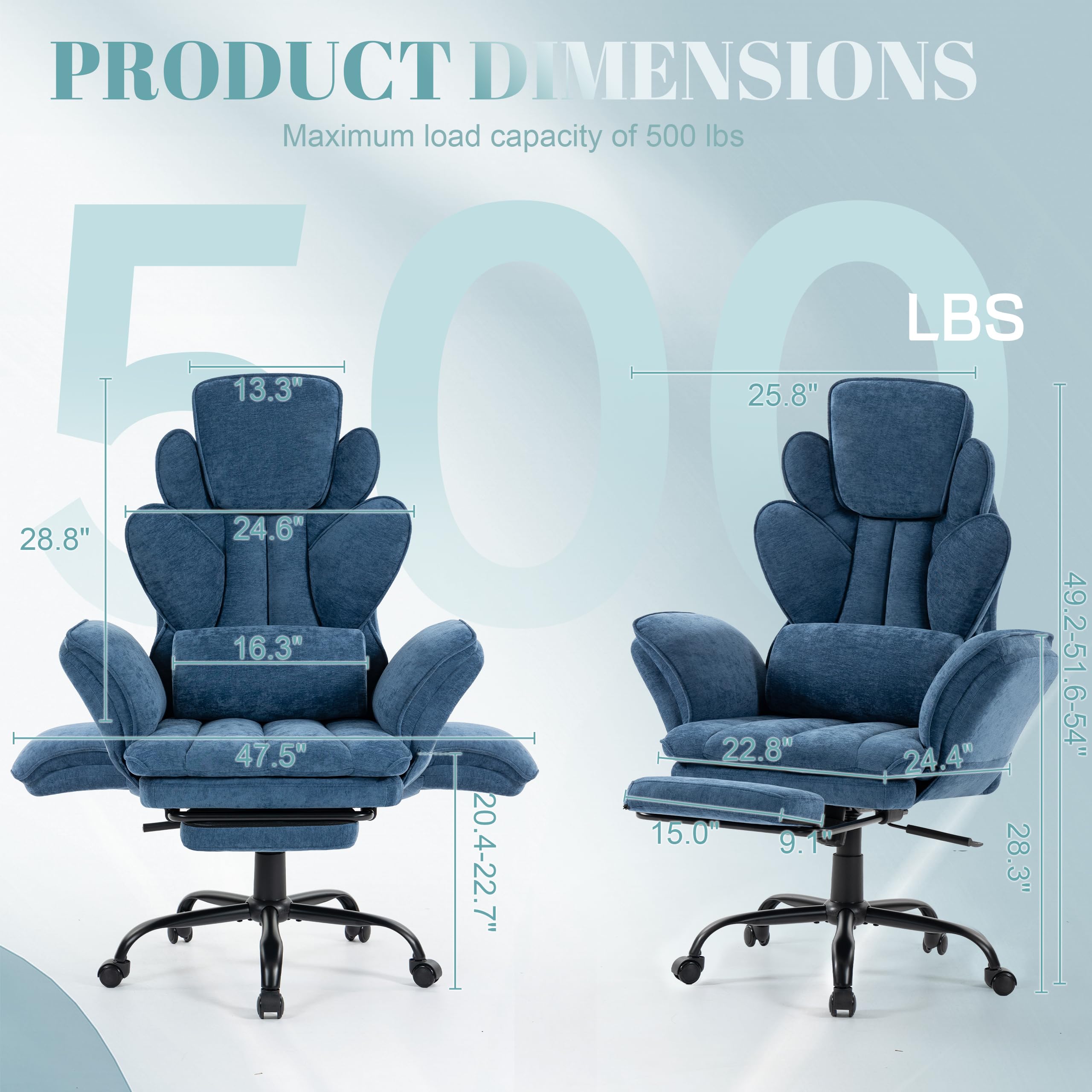 Flip Armrests Criss Cross Office Chair, Reclining Office Chair with Foot Rest, Adjustable Headrest, Massage Waist Pillow, Cross Legged Big and Tall Desk Chair Wide Seat Vanity Chair, Fabric Blue