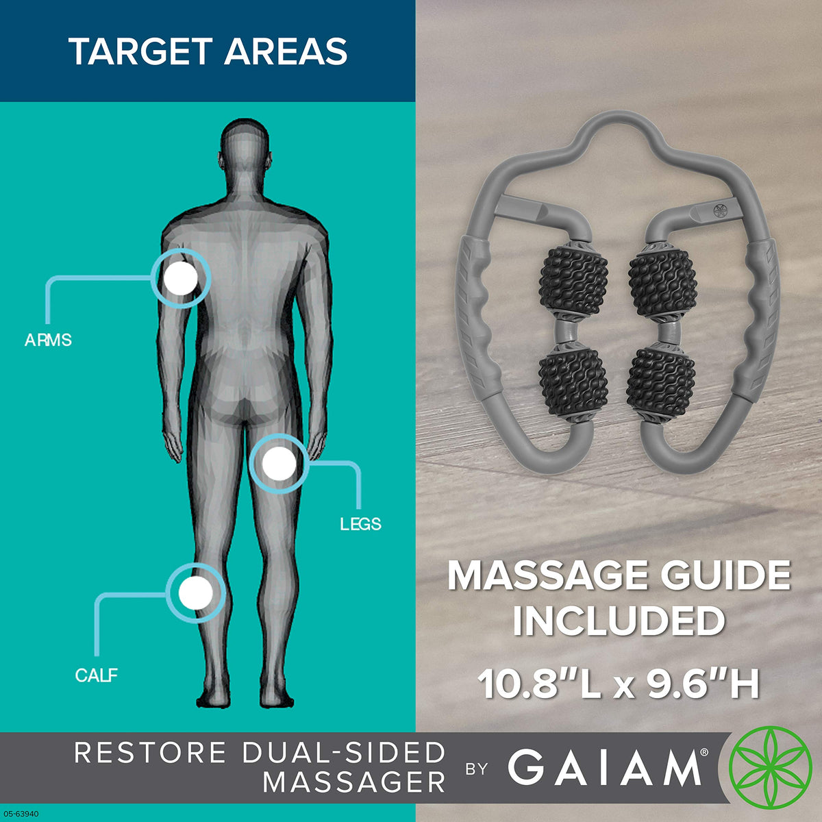 Restore Leg Massager - Dual Sided Hand Held Muscle Massage Roller with 4 Textured Massage Balls & Firm Grip Handles | Deep Tissue Pain Relief for Sore Muscles to Aid Recovery Time