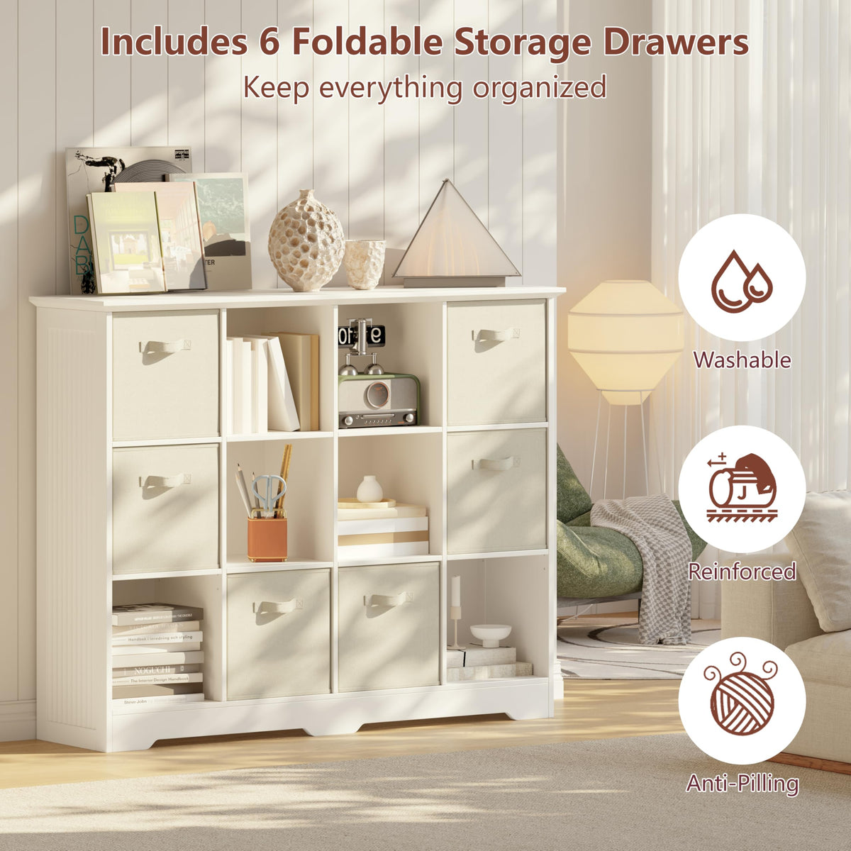 12 Cube Storage Organizer with 6 Fabric Drawers and Removable Shelves — Modular Cube Bookshelf for Bedroom, Living Room, or Home Office, Short Cube Bookcase for Toys, Decor,White