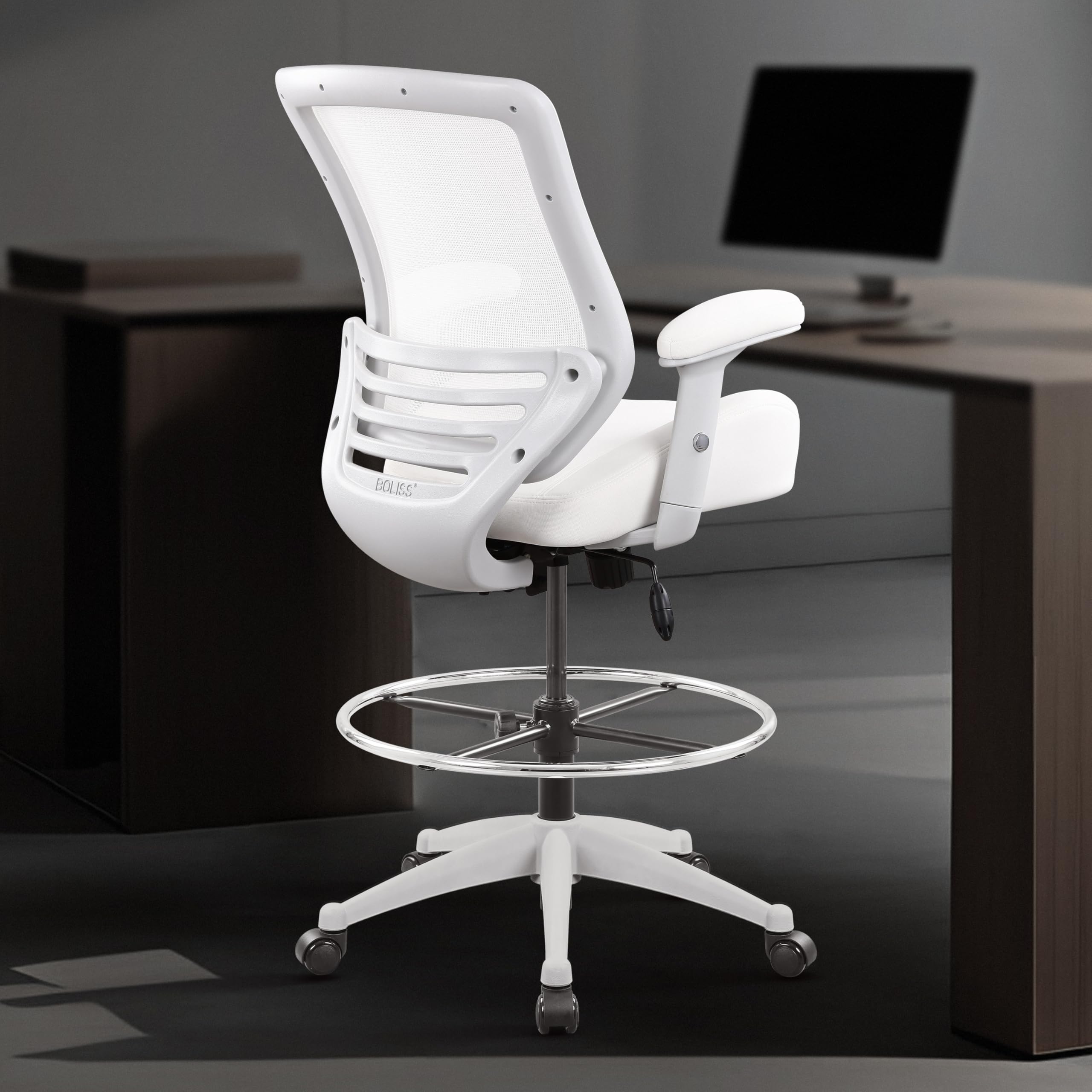 400lbs Mesh Ergonomic Office Drafting Chair Big Adjustable Foot Ring Height Adjustable Armrest (Wht)
