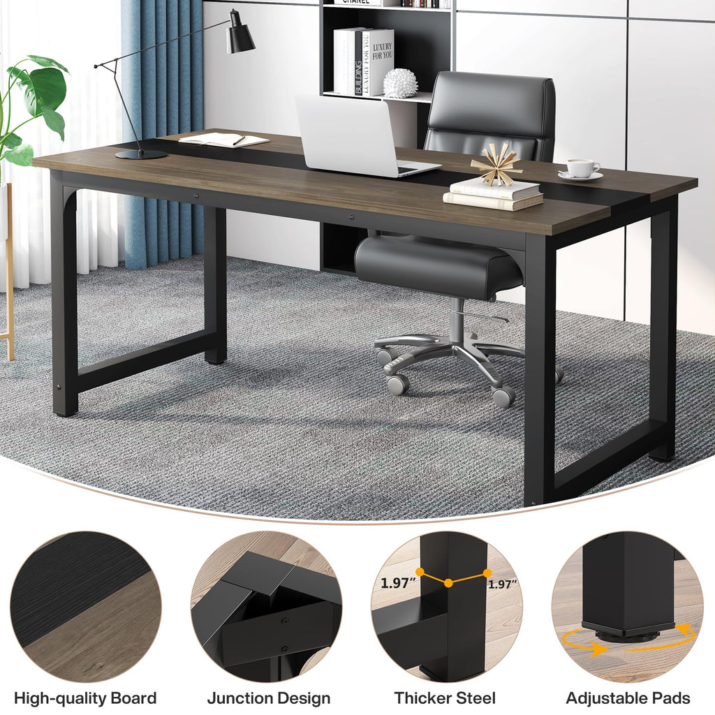 70.8” Executive Desk, Large Office Computer Desk with Thicken Frame, Modern Simple Workstation Business Furniture for Home Office, Vintage Grey/Black