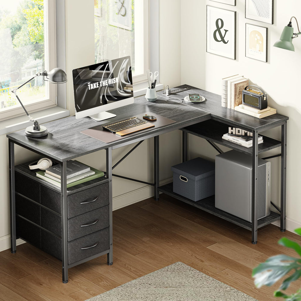 L Shaped Office Desk with Power Outlets, 47 Inch Computer Desk with 3 Drawers, Shelves, for Gaming, Corner Work, Home Office, Study, Grey