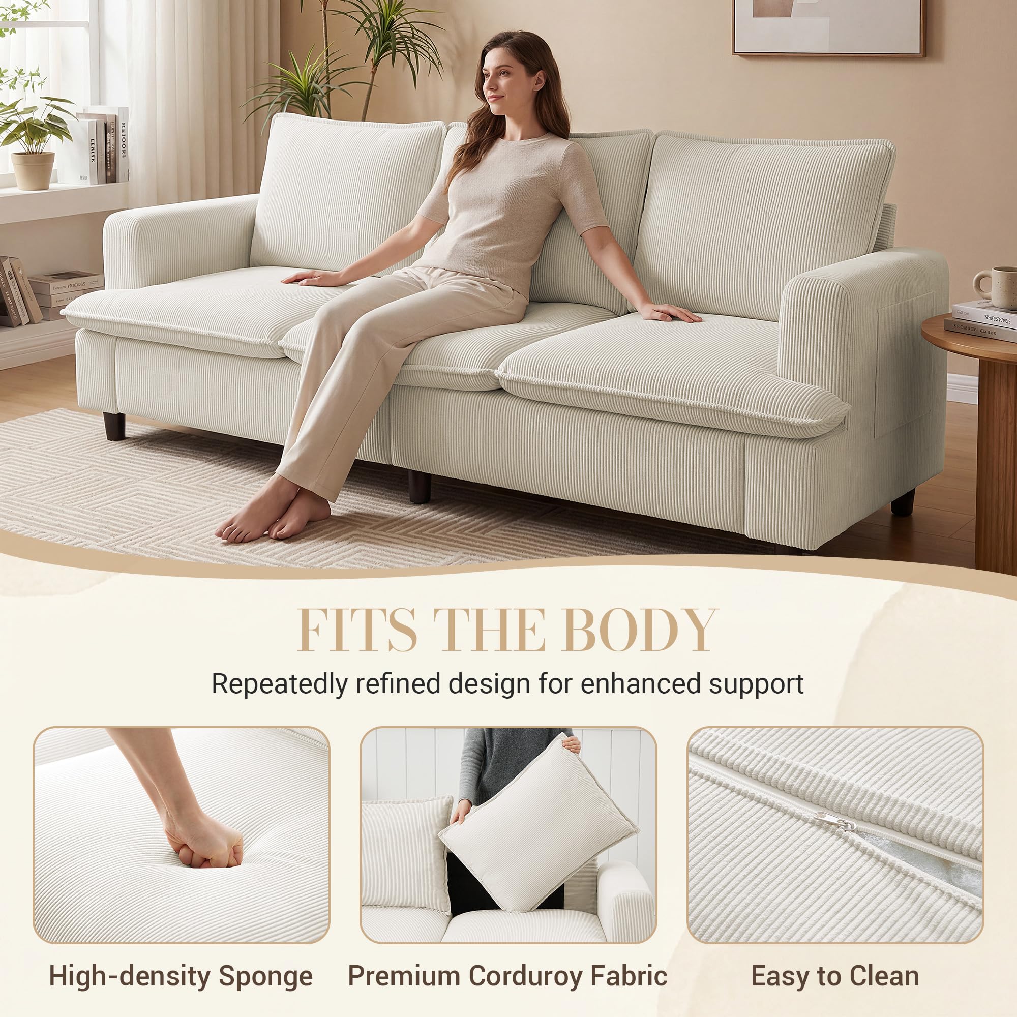 3 Seater Couch, 83" Comfy Corduroy Sofa with Deep Seat, Modern Sofa Couch for Living Room, Office, Bedroom, Apartment (Pillows not Included)