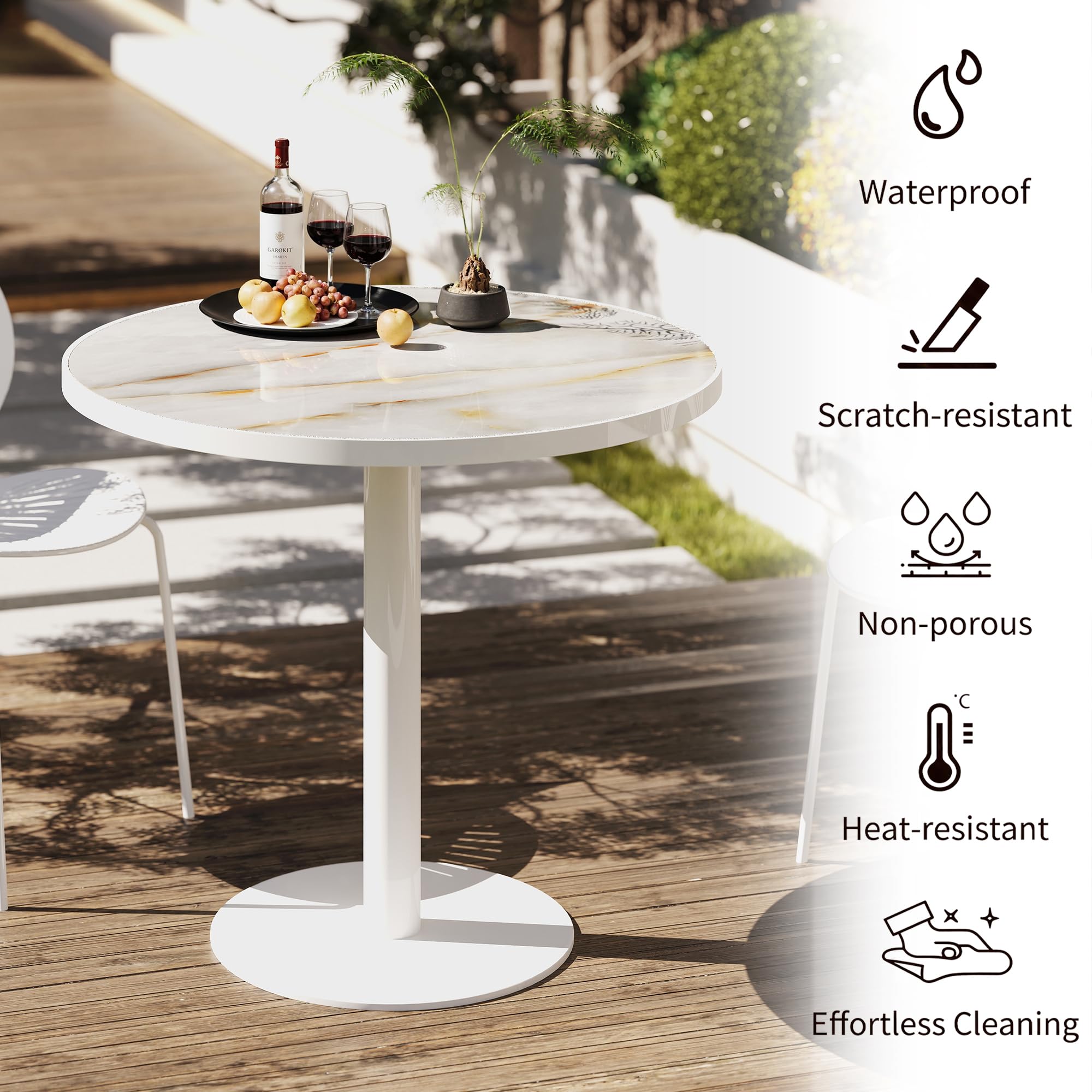 hausway 31.5" Tulip Table,Round Kitchen Dining Table for 2-4 with Thick Sintered Stone Top,Titanium Golden Pedestal Base,Heat-Resistant,Bistro Table for Dining Room,Café,Small Space（Silk Floating）