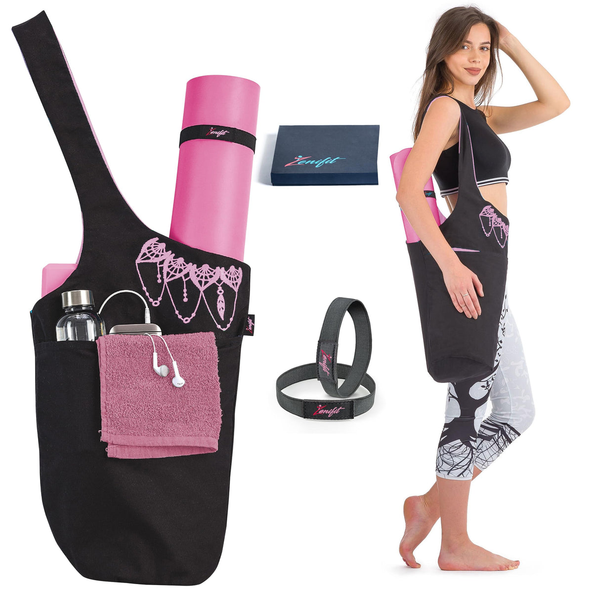 Yoga Mat Bag & Carrier with Pockets for Women, Black & Pink