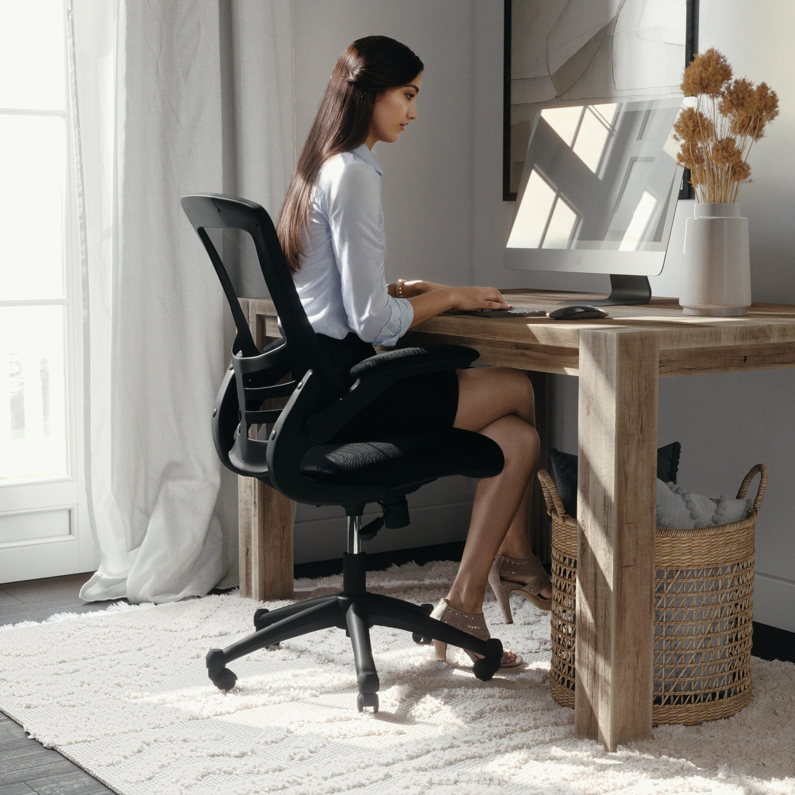 Mid-Back Swivel Office Chair with Adjustable Seat Height, Ergonomic Mesh Desk Chair with Flip-Up Armrests, Black