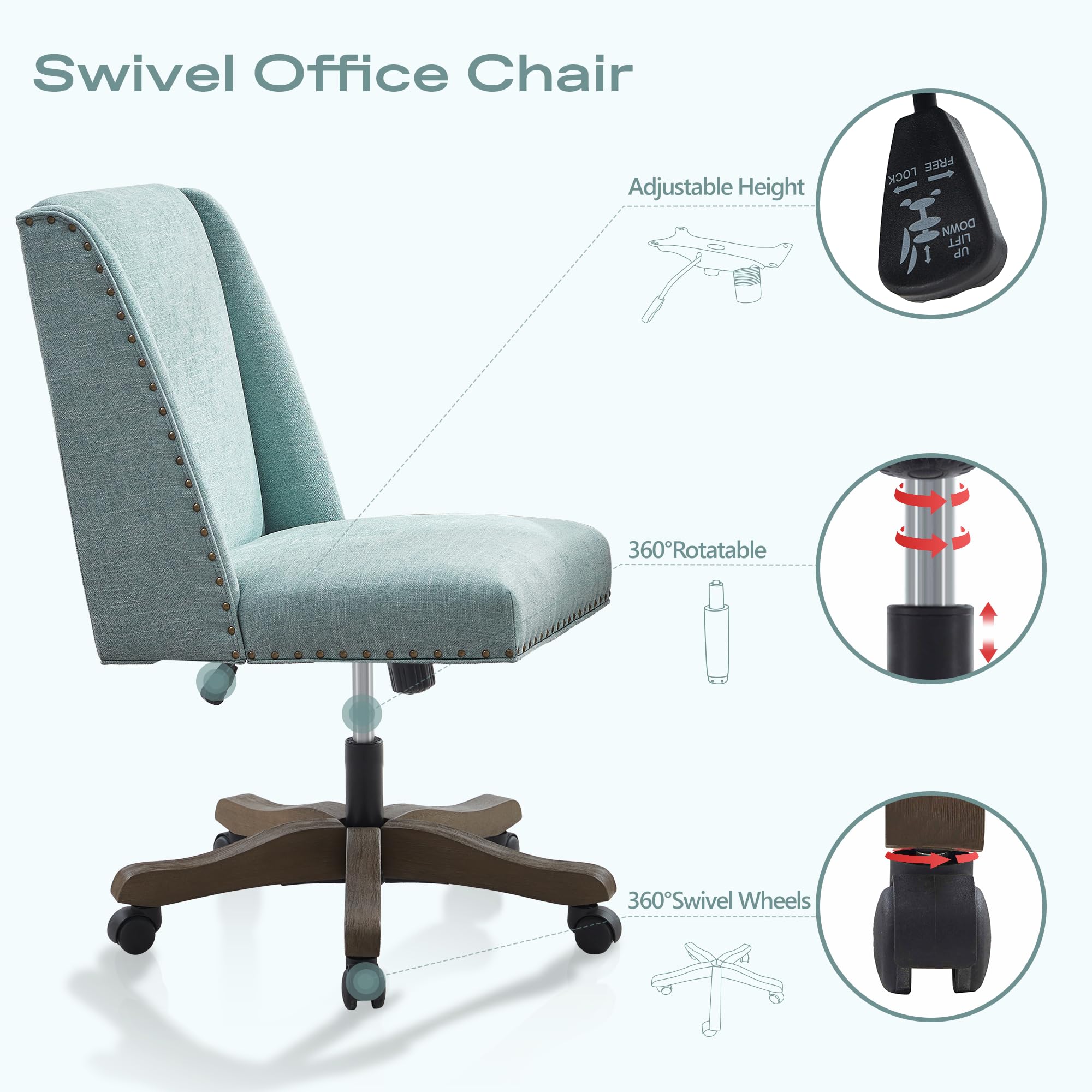 Armless Office Chair with Wooden Legs, Modern Adjustable Upholstered Home Office Desk Chair No Arms Sewing Chair Swivel Chair for Home Office Study Studio (Teal)