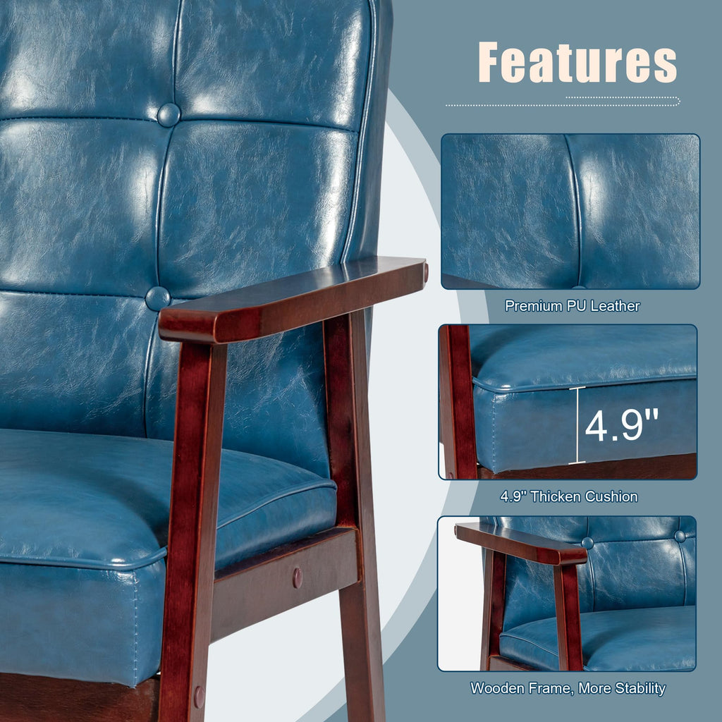 Accent Chairs Set of 2, Mid Century Modern Accent Chair, Retro Wood and Leather Armchairs Side Chair, Lounge Reading Comfy Arm Chair for Living Room, Bedroom, Office (Blue)