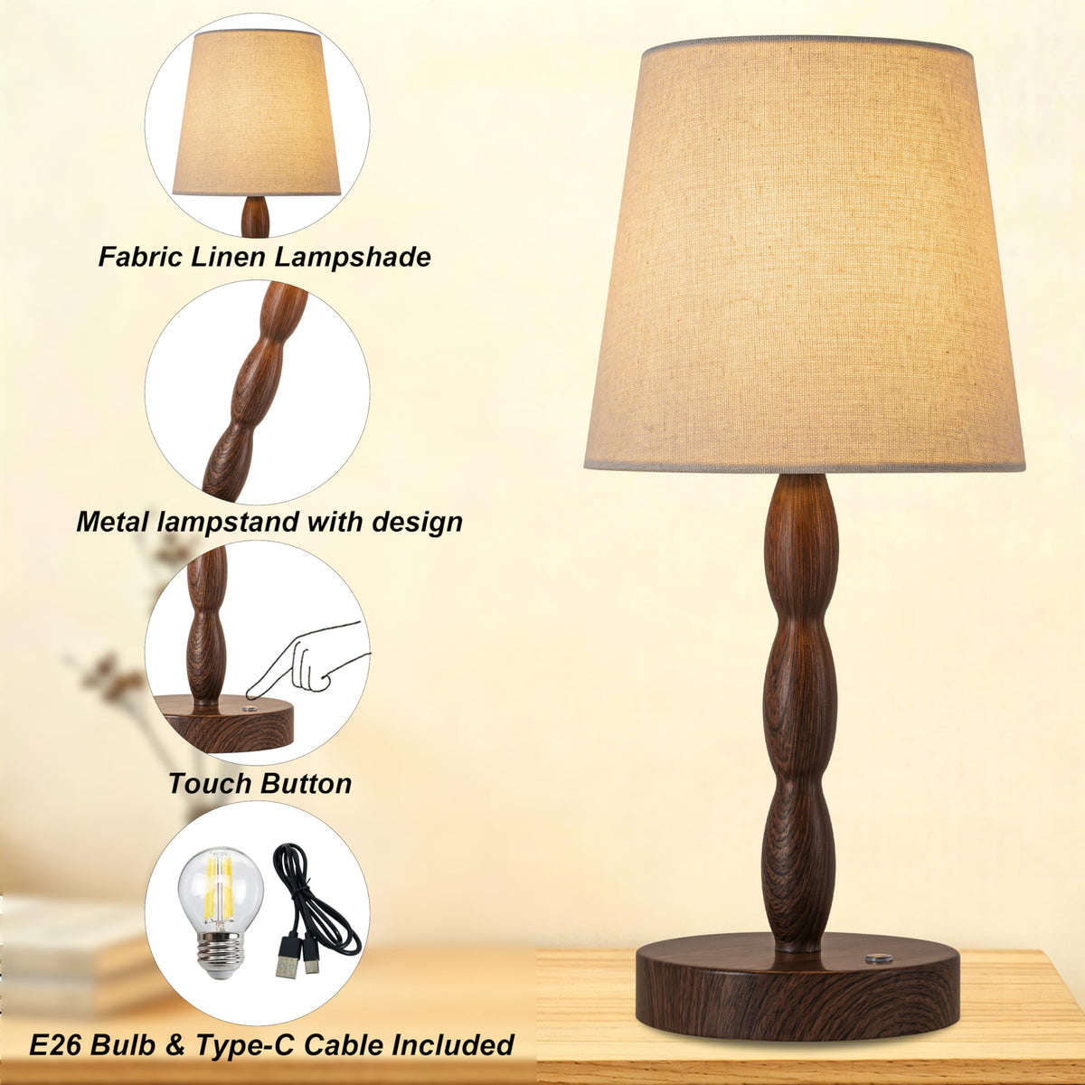Rechargeable Cordless Table Lamp, 5000mAh Battery Powered Touch Desk Lamp, 3-Level & Stepless Dimmable Night Light, Portable Bedside Lamp for Bedroom, Outdoor, Bulb Included, Walnut Grain