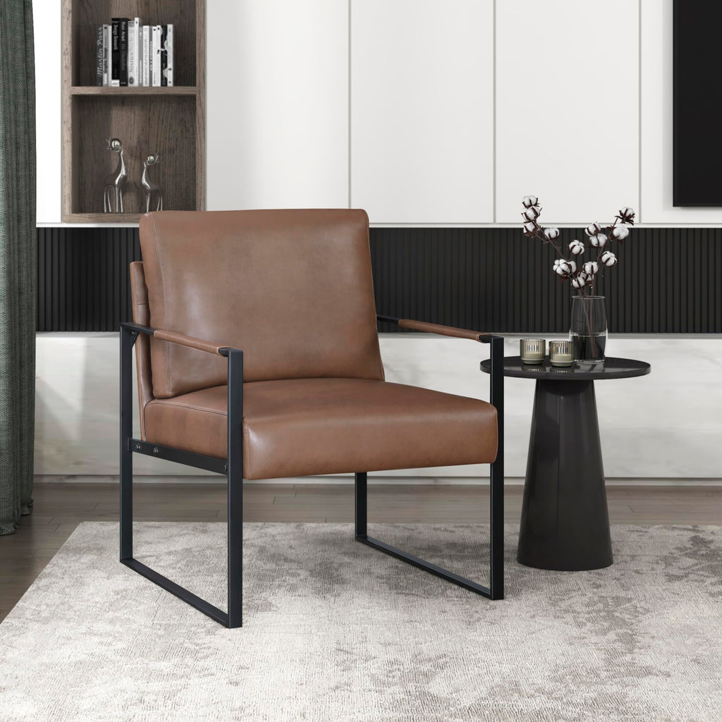 Modern Accent Chair, Faux Leather Upholstered Chair with Wrapped Armrests, Arm Chair with Black Metal Frame, Comfy Single Chair for Living Room/Bedroom/Reading Room/Office, Brown