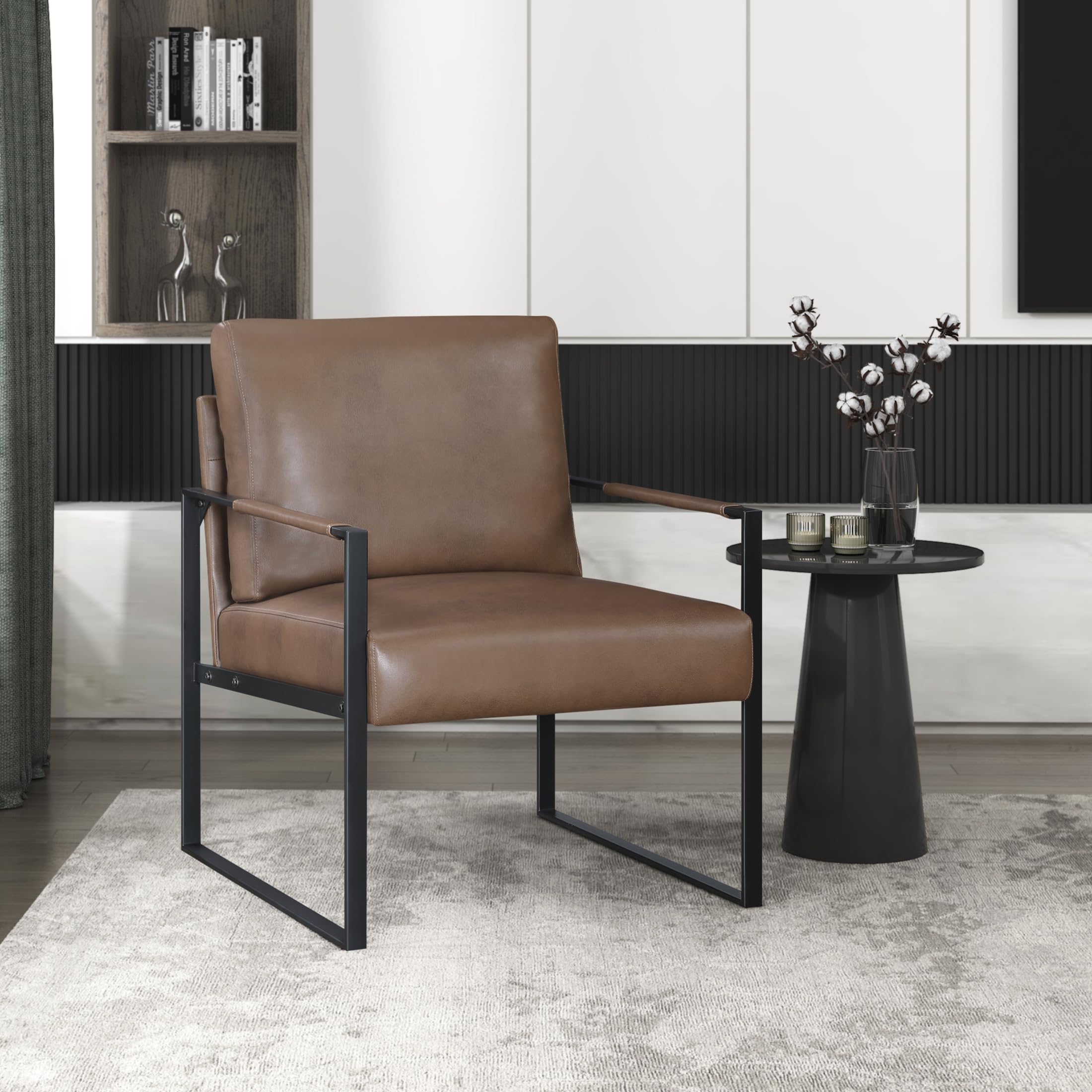 Modern Accent Chair, Faux Leather Upholstered Chair with Wrapped Armrests, Arm Chair with Black Metal Frame, Comfy Single Chair for Living Room/Bedroom/Reading Room/Office, Brown