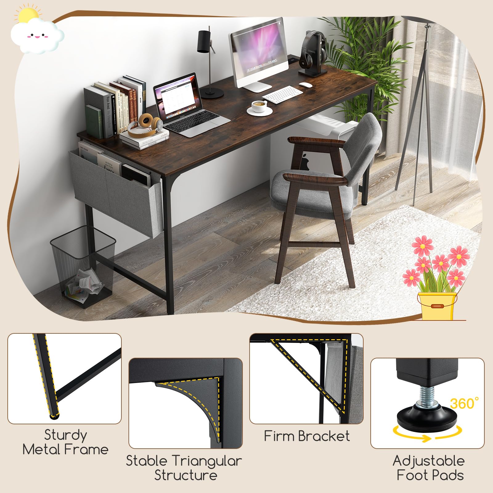 60" Conference Desk Set of 4, Modern Boardroom Desk with Storage Bag, Headphone Hook, Sturdy Metal Frame, Rectangular Seminar Table with Charging Station