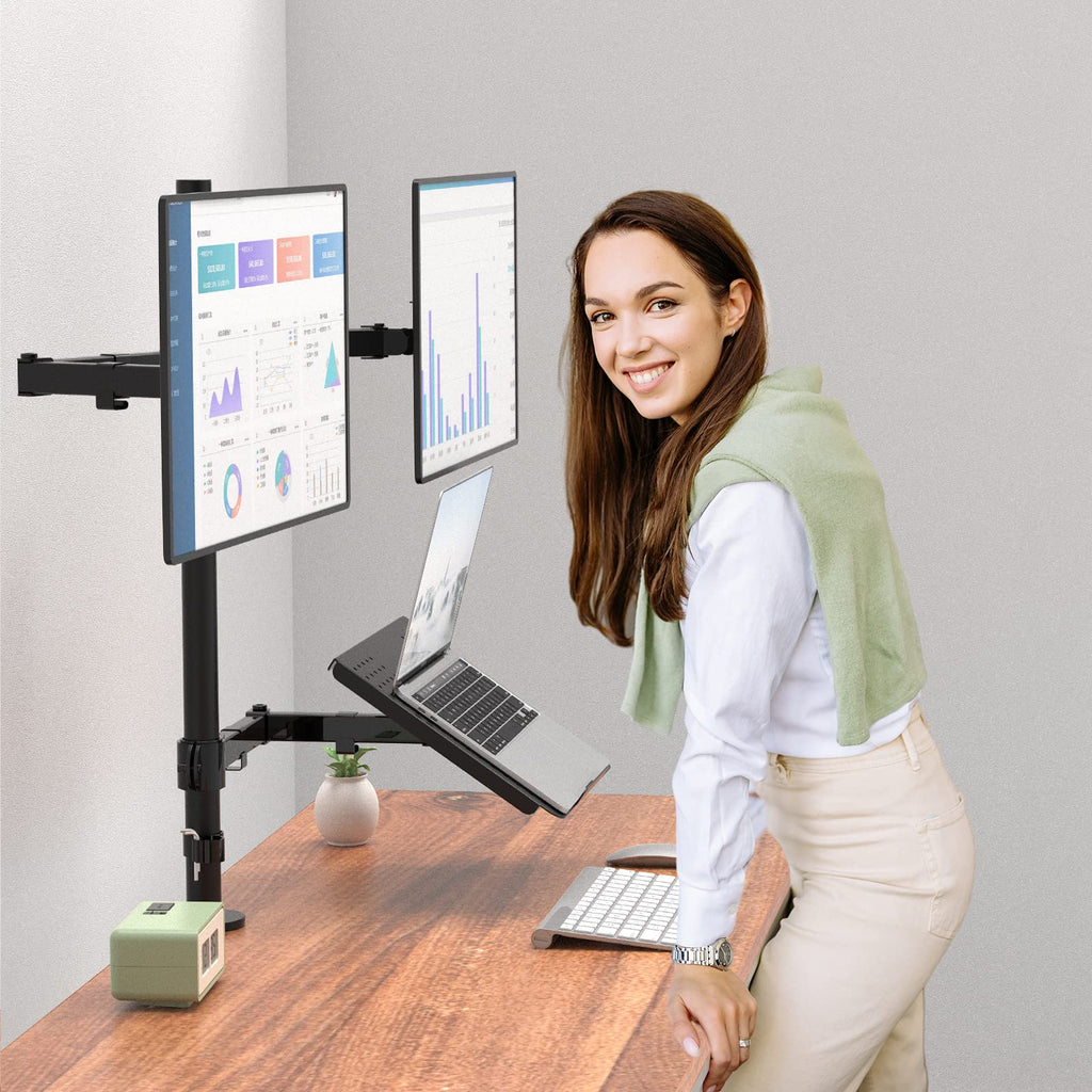 Triple Arm Laptop and Dual Monitor Desk Mount for 17" Notebook and Up to 27" Screens, Extra Tall Adjustable Monitor Stand with Laptop Tray, VESA 75x75 100x100, Black