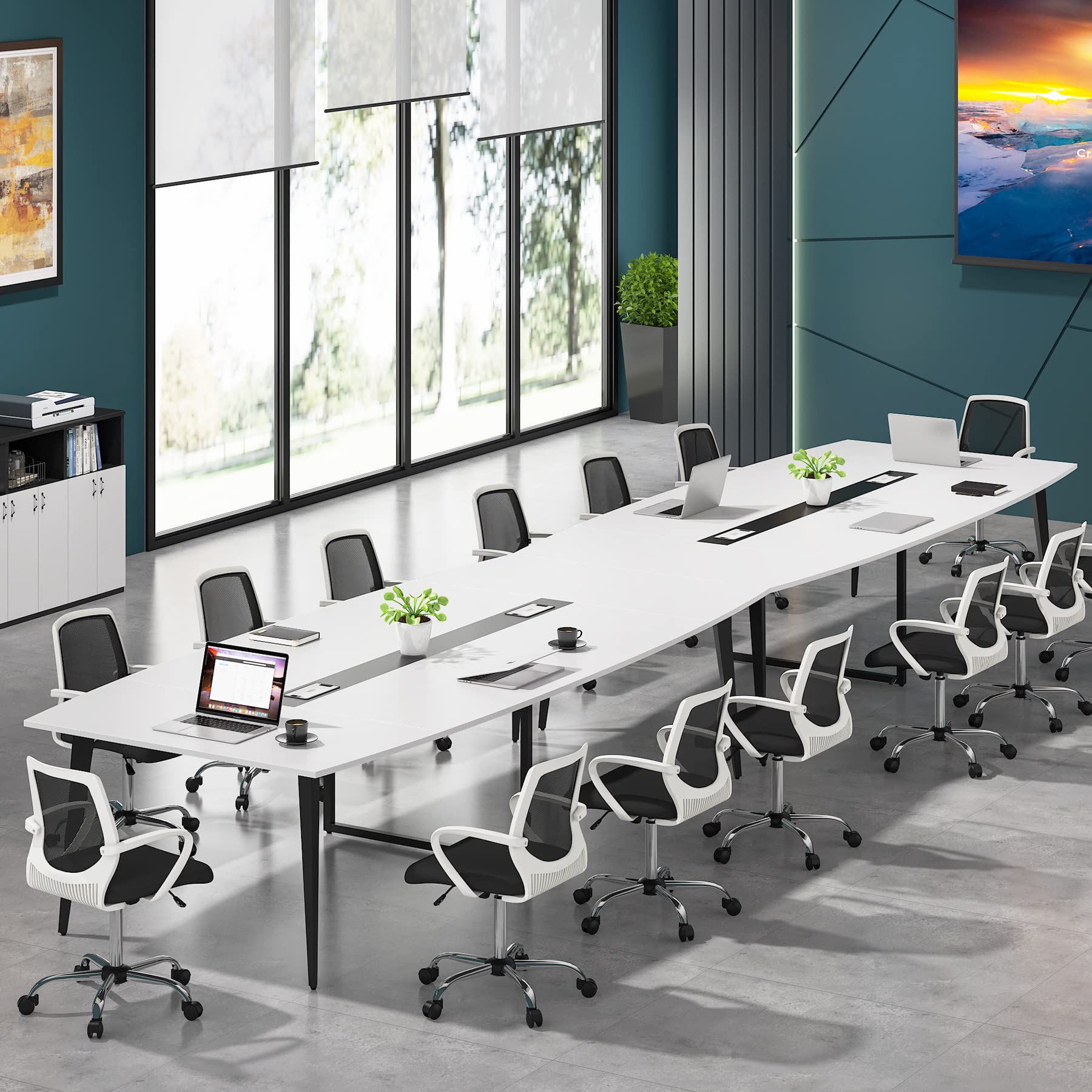 8FT Conference Table, 94.48L x 47.21W x 29.52H Inches Boat Shaped Meeting Table with Rectangle Grommet, Modern Seminar Table for Office Meeting Conference Room (White & Black, 8ft)