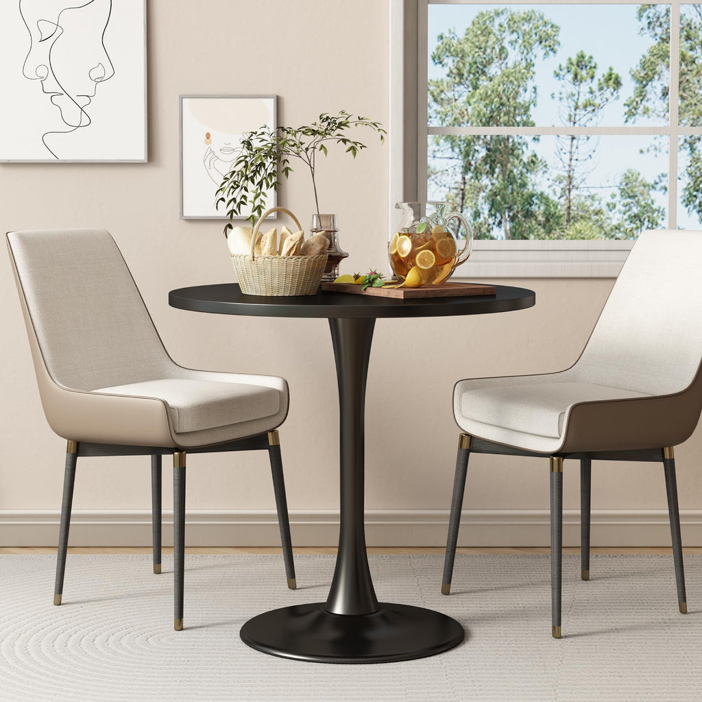 Kasinali Round Dining Table 30" Circle Tulip Table with Wood Thickened Tabletop & Sturdy Metal Pedestal Mid Century Modern Leisure Bistro Kitchen Tables 4 People Small Places Living Room Cafe,Black