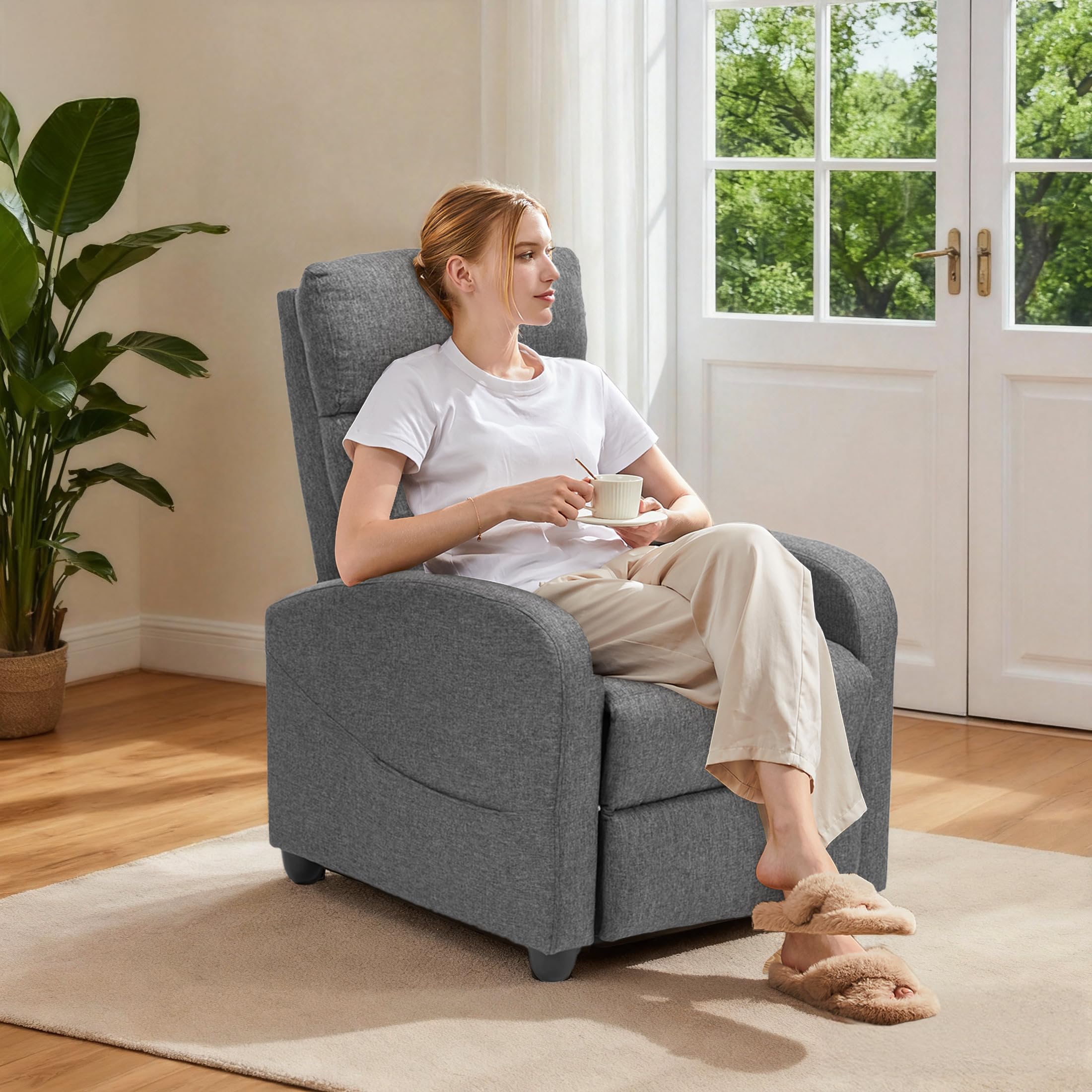 Recliner Chair Fabric Recliner Sofa No Massage, Home Theater Seating with Lumbar Support, Adjustable Push Back Overstuffed High-Density Sponge Reclining for Living Room, Grey