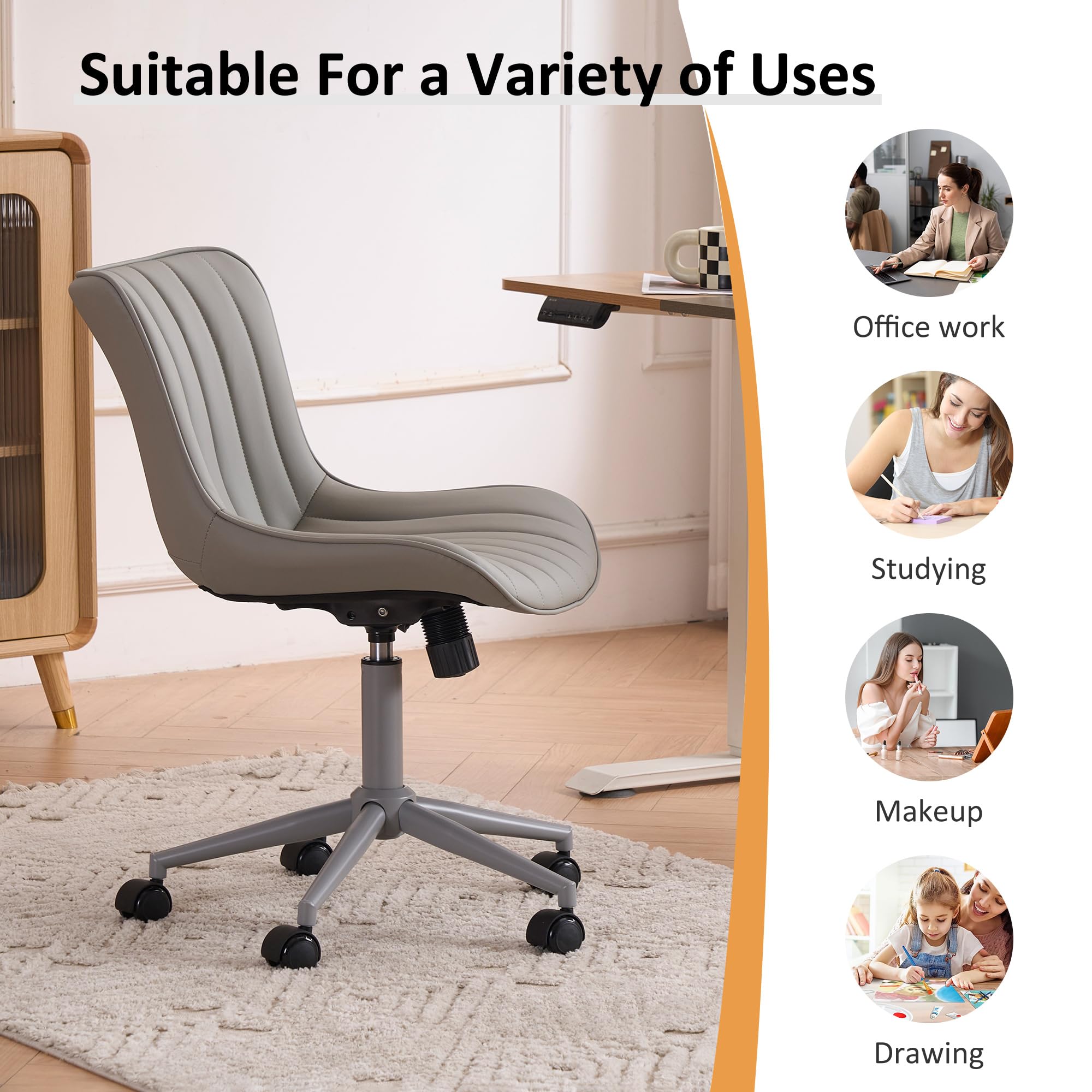 Home Office Desk Chair with Wheels Armless Vanity Chair with Back Comfy Modern Leather Upholstered Rolling Task Chair Swivel Small Cute Sewing Chair No Arms Wide Adjustable Ergonomic Grey