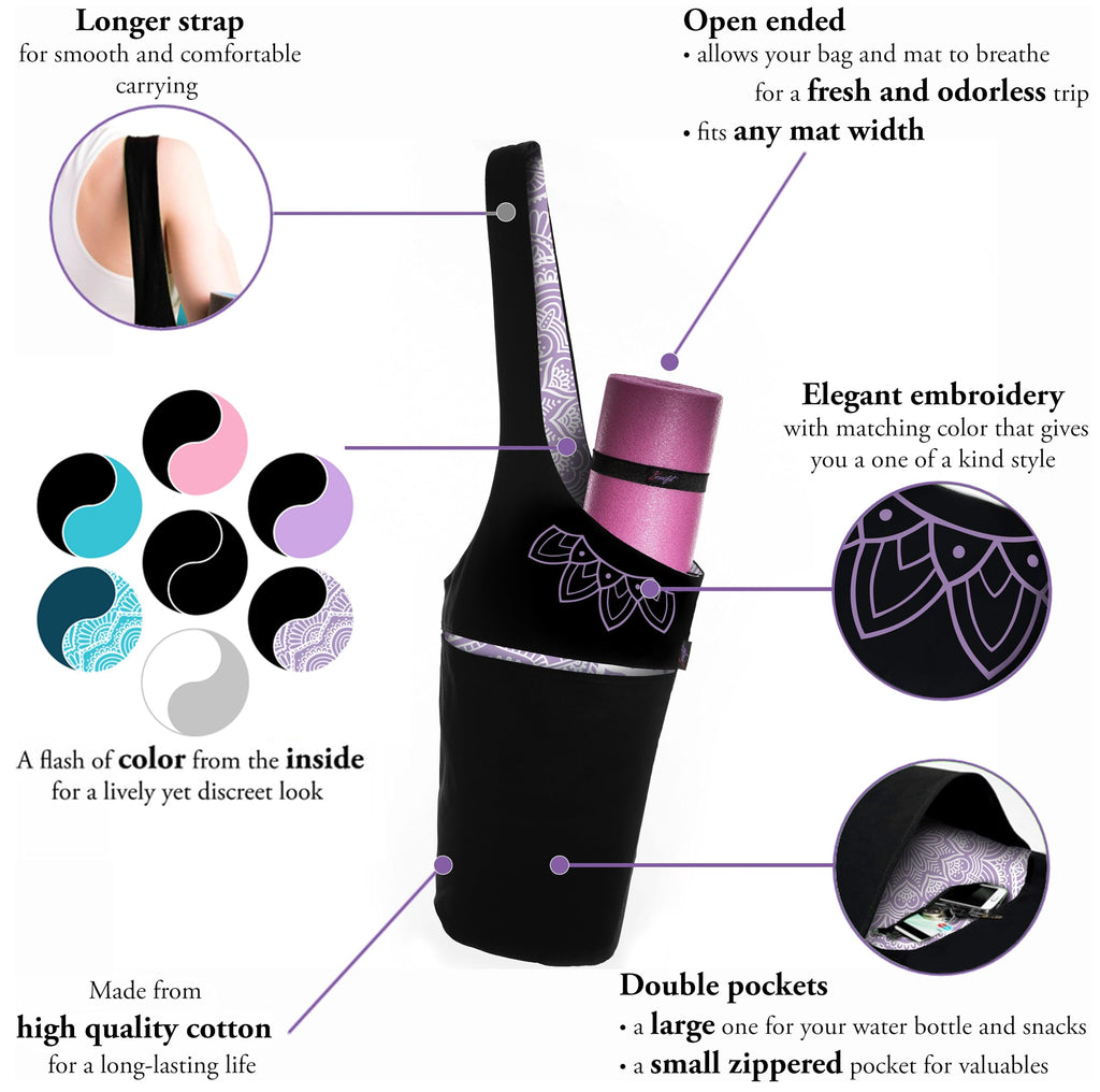 Yoga Mat Bag & Carrier with Pockets, Black & Lavender Bliss