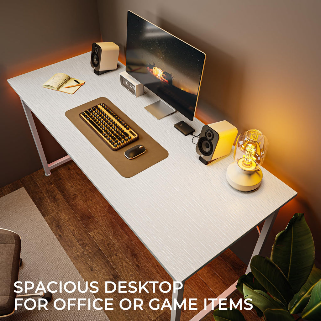 Computer Desk, 55 Inch Home Office Desk, Gaming Writing Work from Home Study Desk, Large Legroom, Sturdy Metal Frame, Modern Simple, White