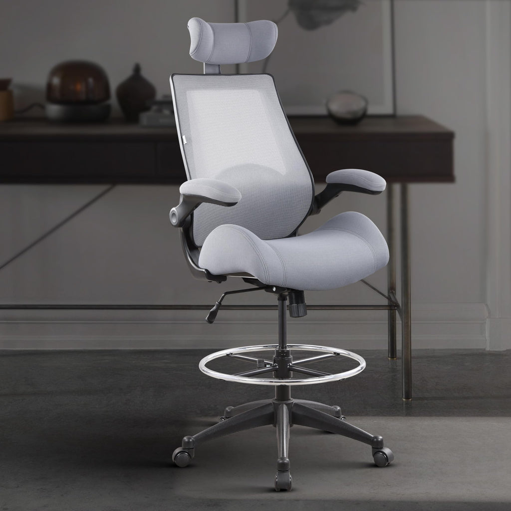 400lbs High Back Computer Office Drafting Chair Flip up Armrests Lumbar Support Adjustable Big Footrest Ring (Grey)