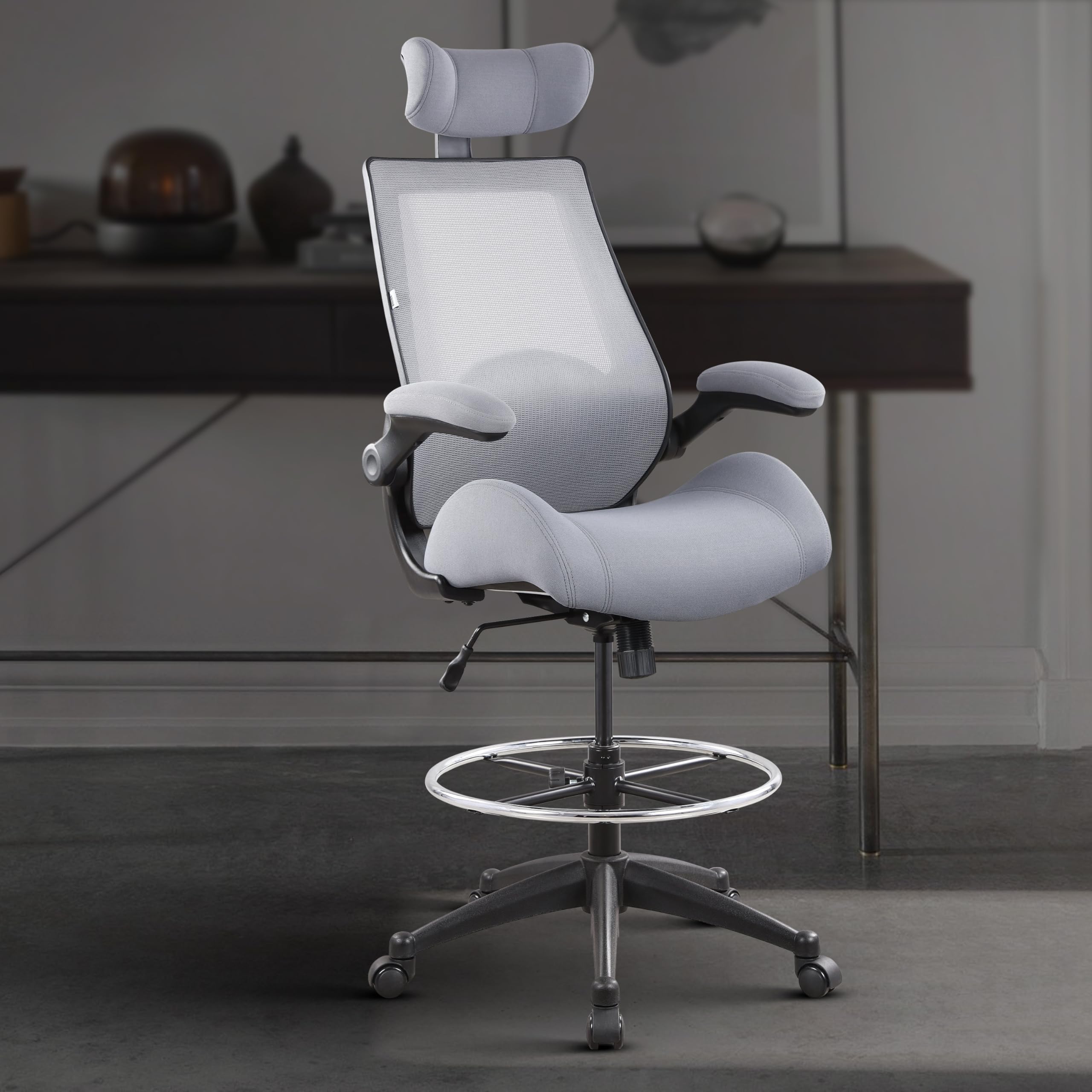 400lbs High Back Computer Office Drafting Chair Flip up Armrests Lumbar Support Adjustable Big Footrest Ring (Grey)