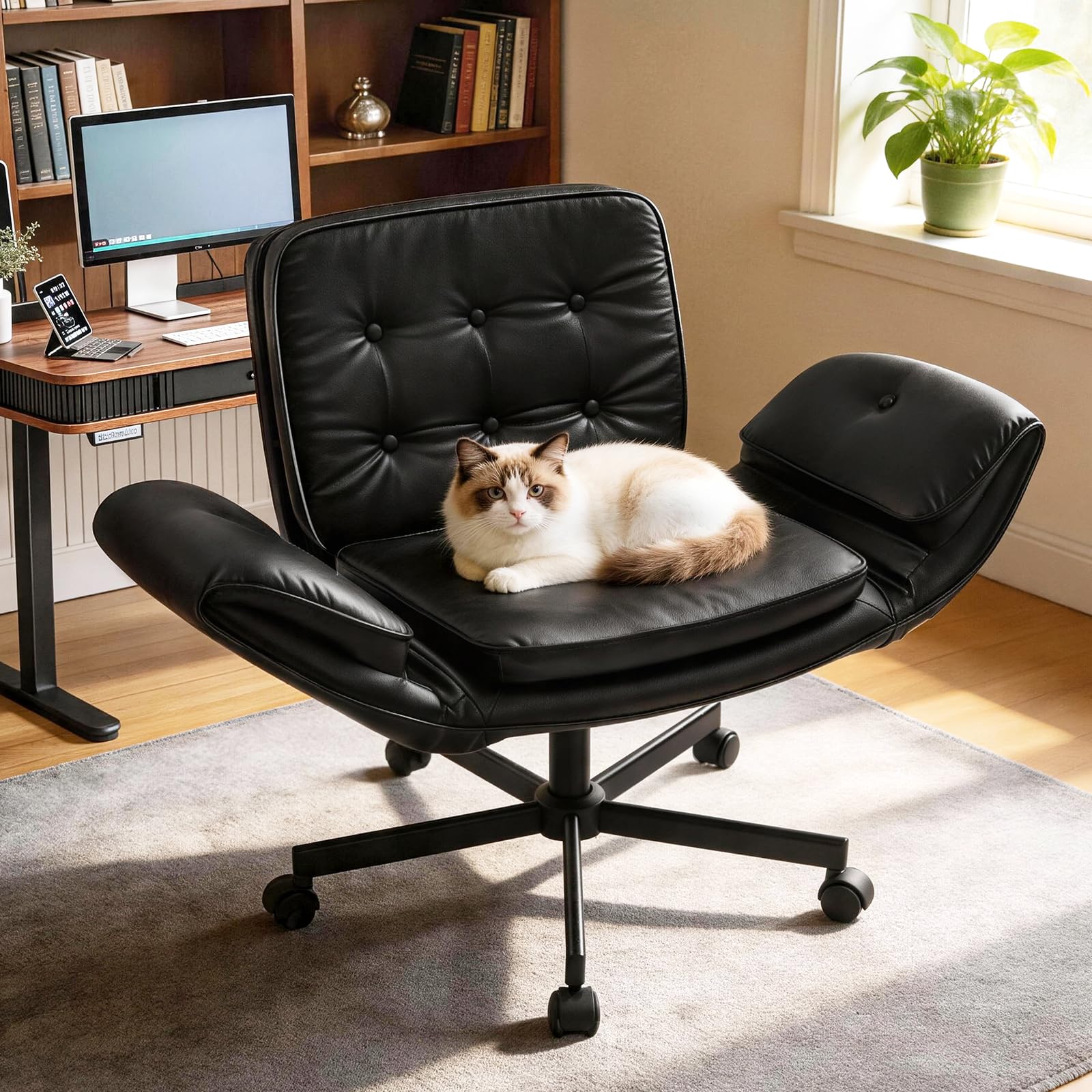 Criss Cross Chair with Wheels & Armrests, Scratch-Resistant PU Leather Vanity Chair, Comfy Wide Height Adjustable Computer Office Desk Chair for Home Office, Make Up, Bedroom (Black)
