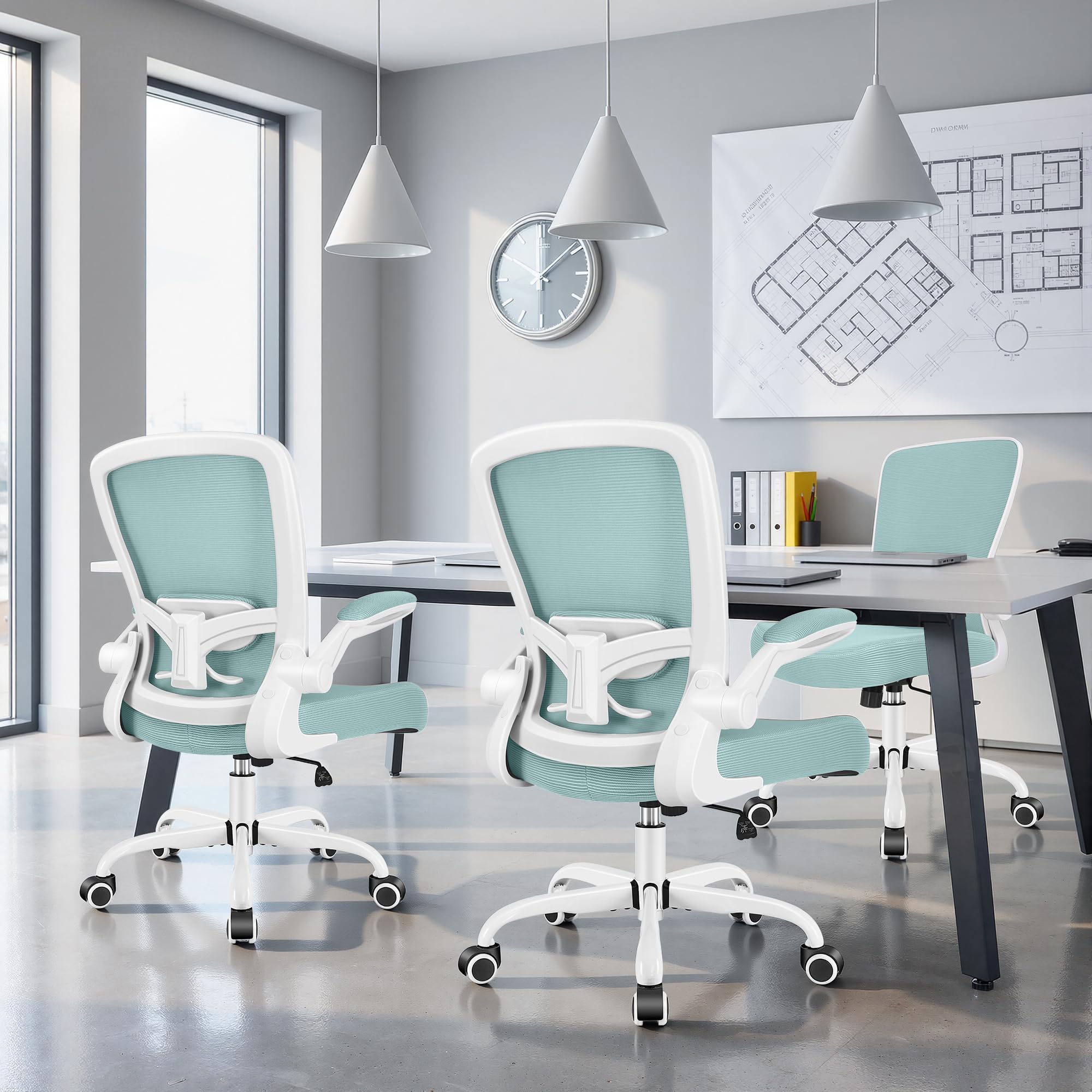 Office Chair, Ergonomic Desk Chair Breathable Mesh Chairs Adjustable High Back Lumbar Support Flip-up Armrests, Executive Rolling Swivel Comfy Computer Chairs Home Office Light Blue