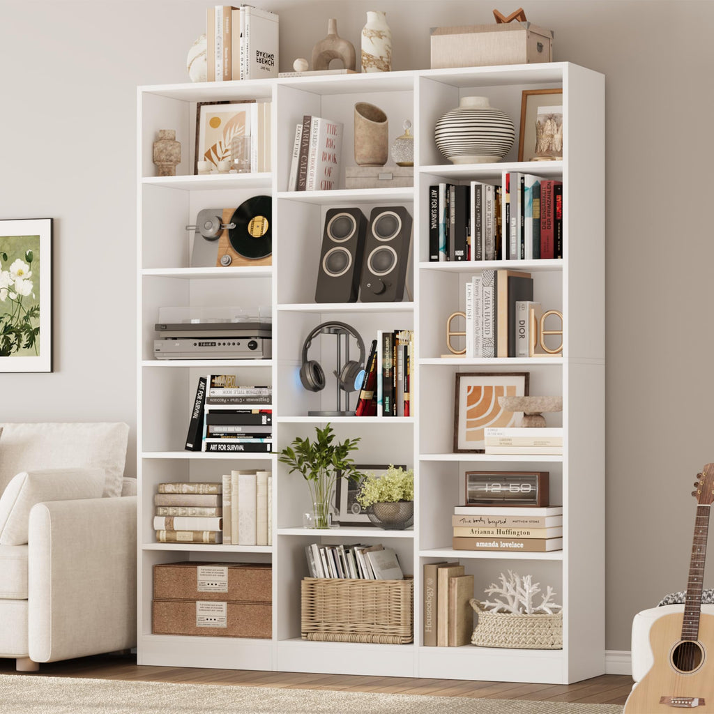 Triple Wide Bookshelf, Large Bookshelf with 17 Display Shelves