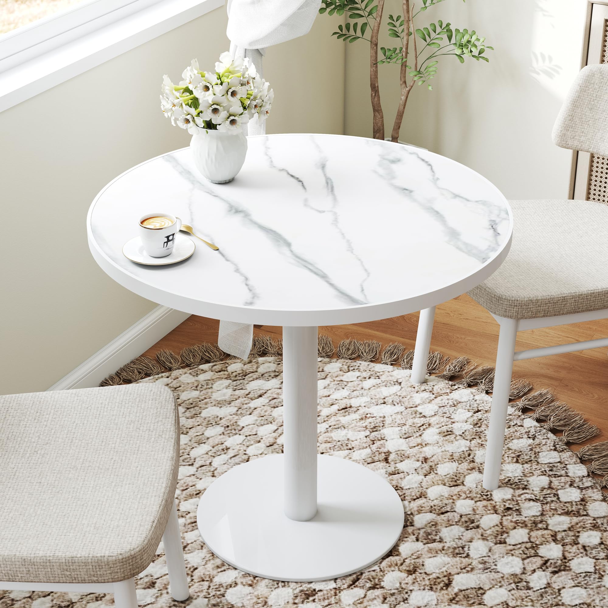 hausway 31.5" Tulip Table,Round Kitchen Dining Table for 2-4 with Thick Sintered Stone Top,Titanium Golden Pedestal Base,Heat-Resistant,Bistro Table for Dining Room,Café,Small Space（White Glacial）
