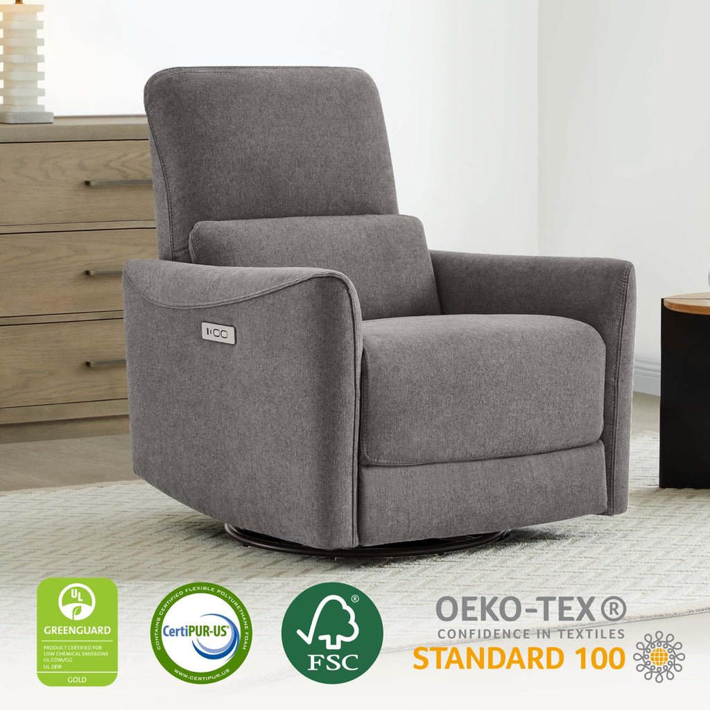 Power Recliner Chair Swivel Glider, FSC Certified Fabric Living Room Reclining Sofa Chair with Lumbar Support, Metal Grey