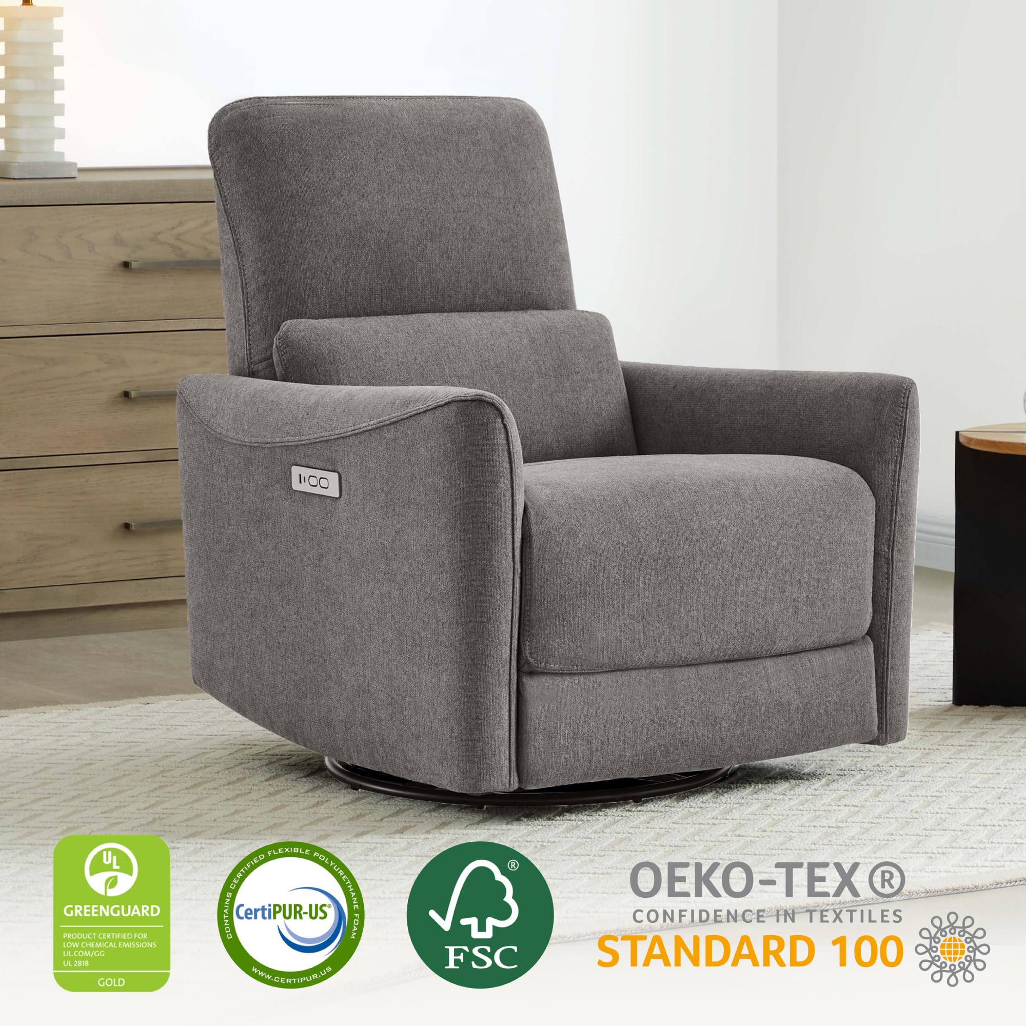 Power Recliner Chair Swivel Glider, FSC Certified Fabric Living Room Reclining Sofa Chair with Lumbar Support, Metal Grey
