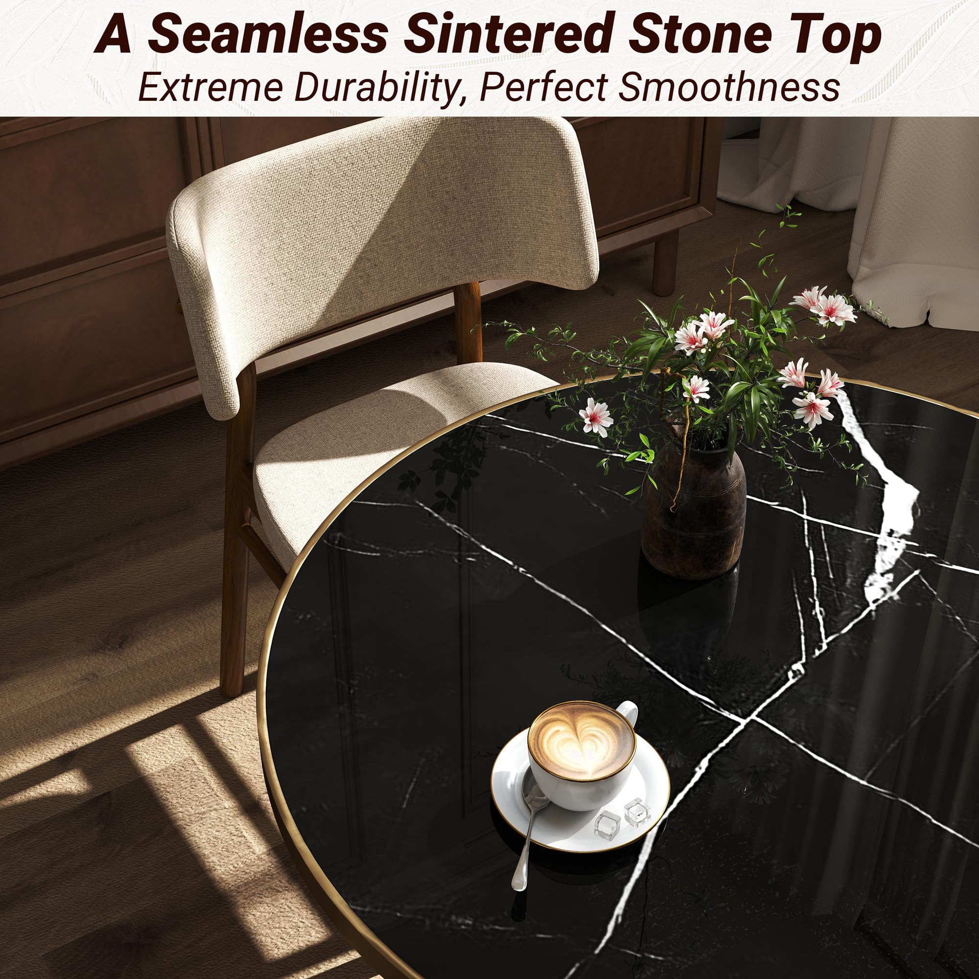 hausway 31.5" Tulip Table,Round Kitchen Dining Table for 2-4 with Thick Sintered Stone Top,Titanium Golden Pedestal Base,Heat-Resistant,Bistro Table for Dining Room,Café,Small Space（Inky Axis）