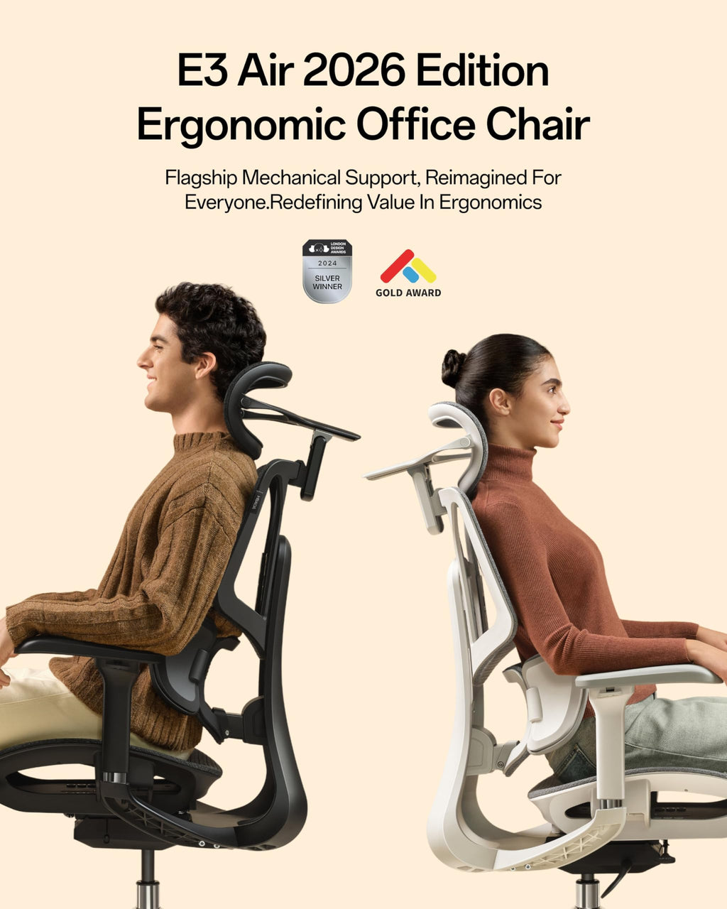 E3 Air 2026 Ergonomic Office Chair, 3-Zone Lumbar Support, Comfy Home Office Chair with Auto Recline, 4D Headrest & Armrests, 140° Tilt for Work & Relax, Grey