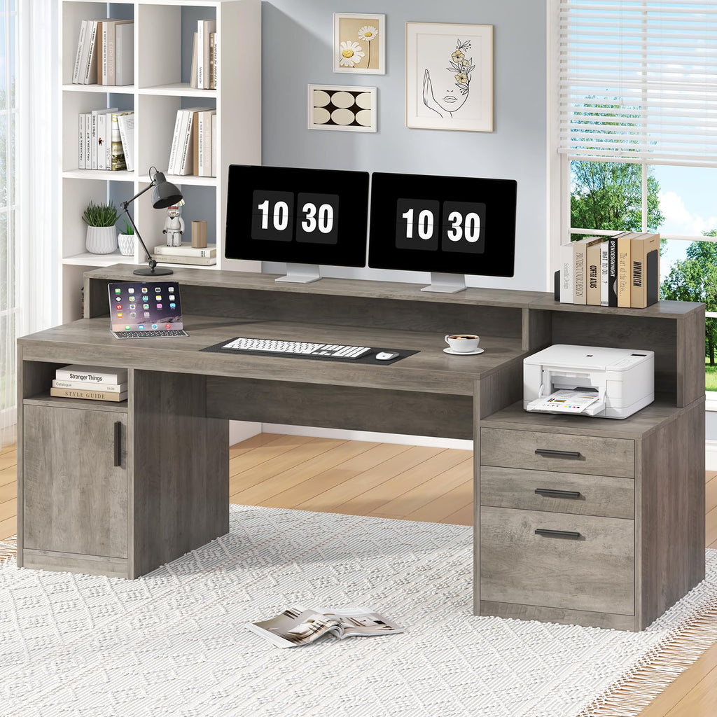 Computer Desk with 3 Drawers & Storage Shelves, 65 Inch Home Office Desk with File Drawer & Cabinet, Writing Study Desks with Monitor Stand & Printer Shelf, Executive Desk, Grey