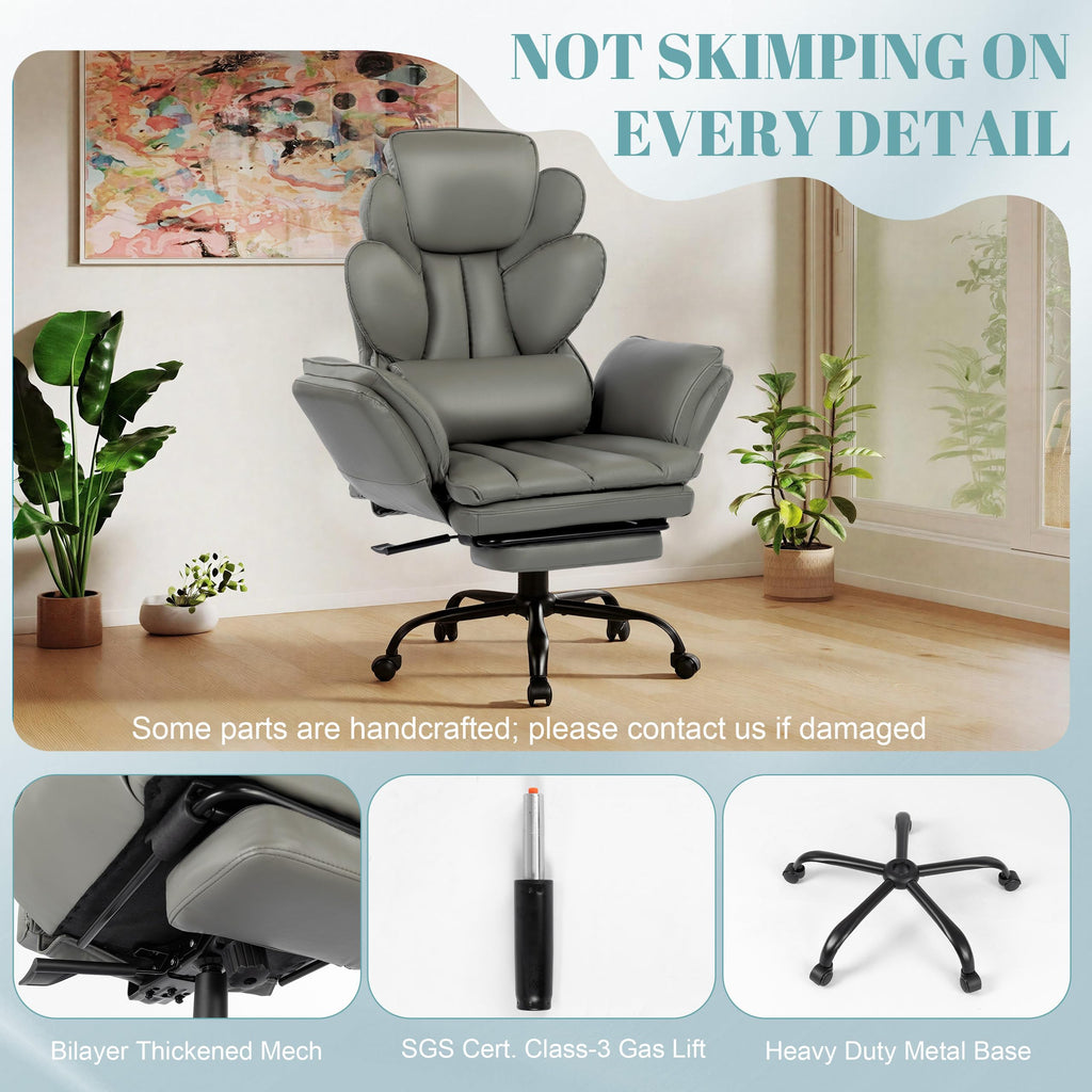 Flip Armrests Criss Cross Office Chair, Reclining Office Chair with Foot Rest, Adjustable Headrest, Massage Waist Pillow, Cross Legged Big and Tall Desk Chair Wide Seat Vanity Chair, PU Leather Grey